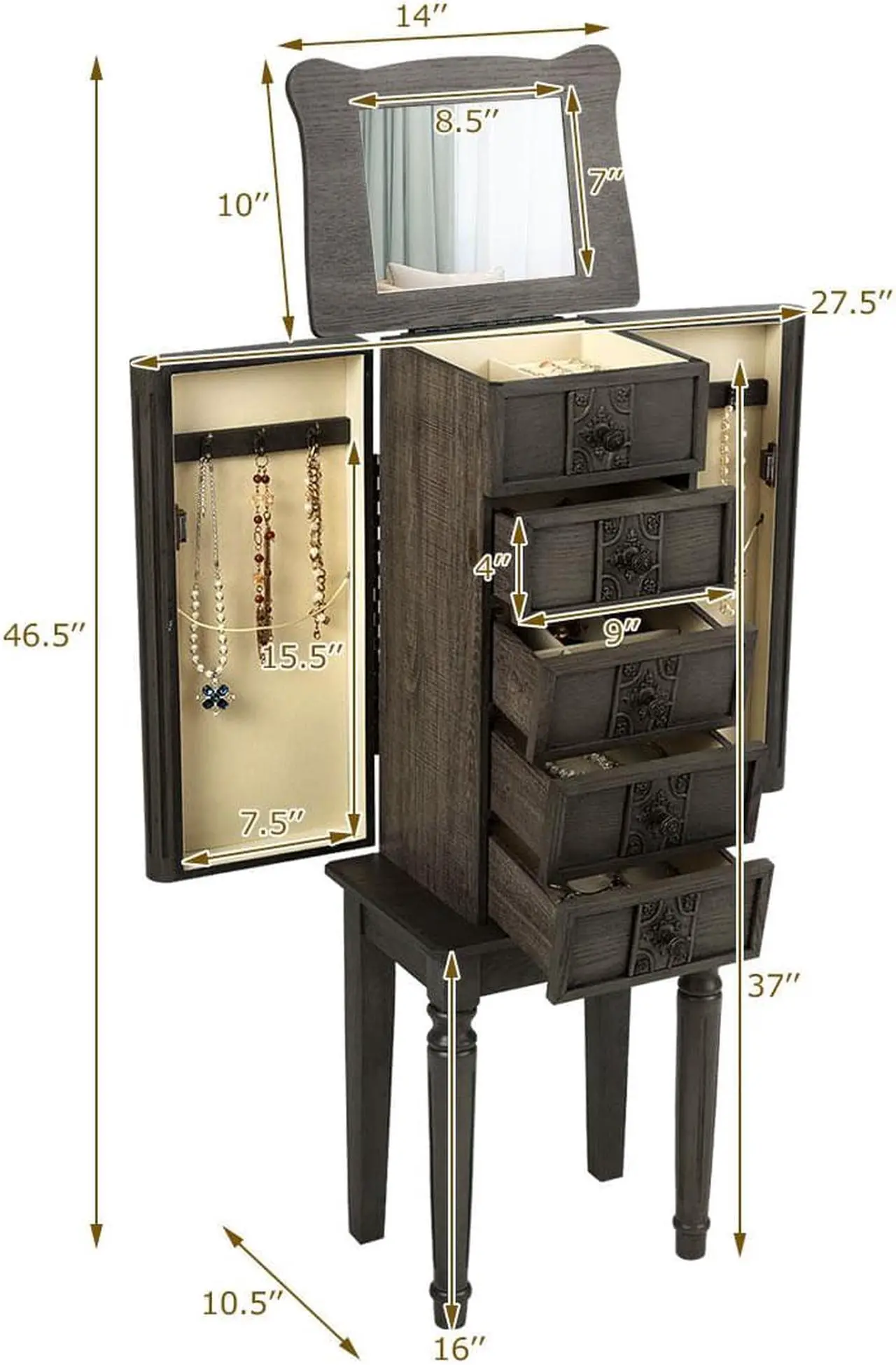Alt view image 2 of 7 - Vintage Jewelry Armoire Cabinet Chest Big Storage Box Organizer w/ Drawers Gray