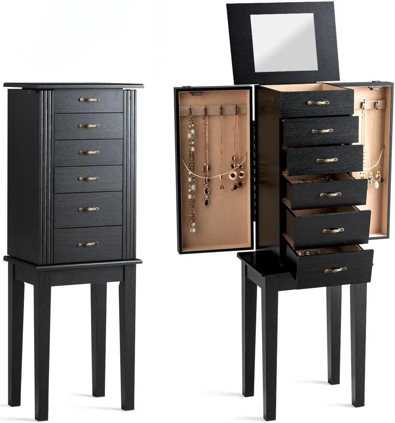 Main image of Jewelry Armoire Chest Cabinet Stand Storage Organizer w/ 5 Drawers & Flip Mirror