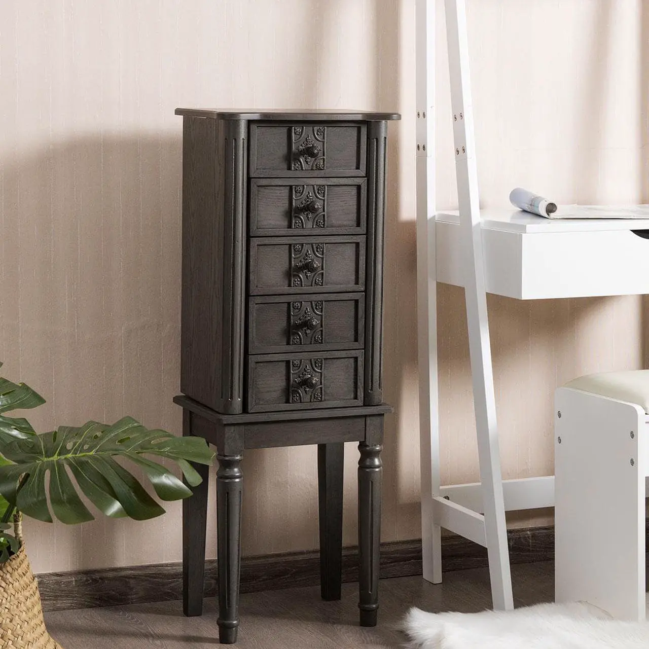 Alt view image 3 of 7 - Vintage Jewelry Armoire Cabinet Chest Big Storage Box Organizer w/ Drawers Gray