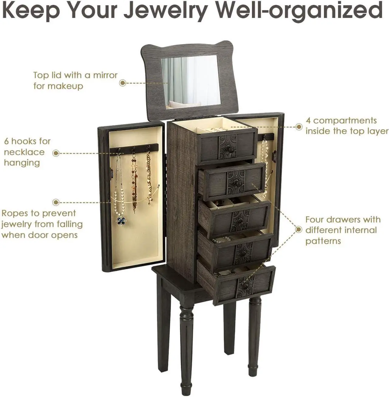 Alt view image 7 of 7 - Vintage Jewelry Armoire Cabinet Chest Big Storage Box Organizer w/ Drawers Gray