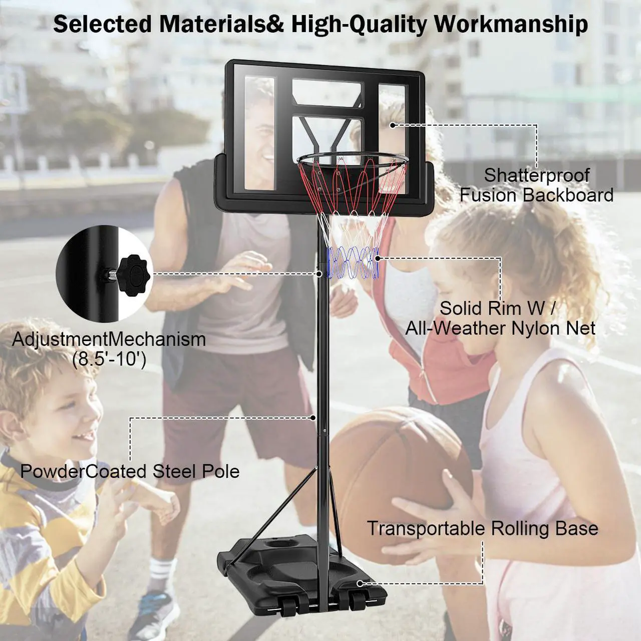 Alt view image 6 of 7 - Height Adjustable Portable Basketball Hoop System Shatterproof Backboard Wheels  2 Nets