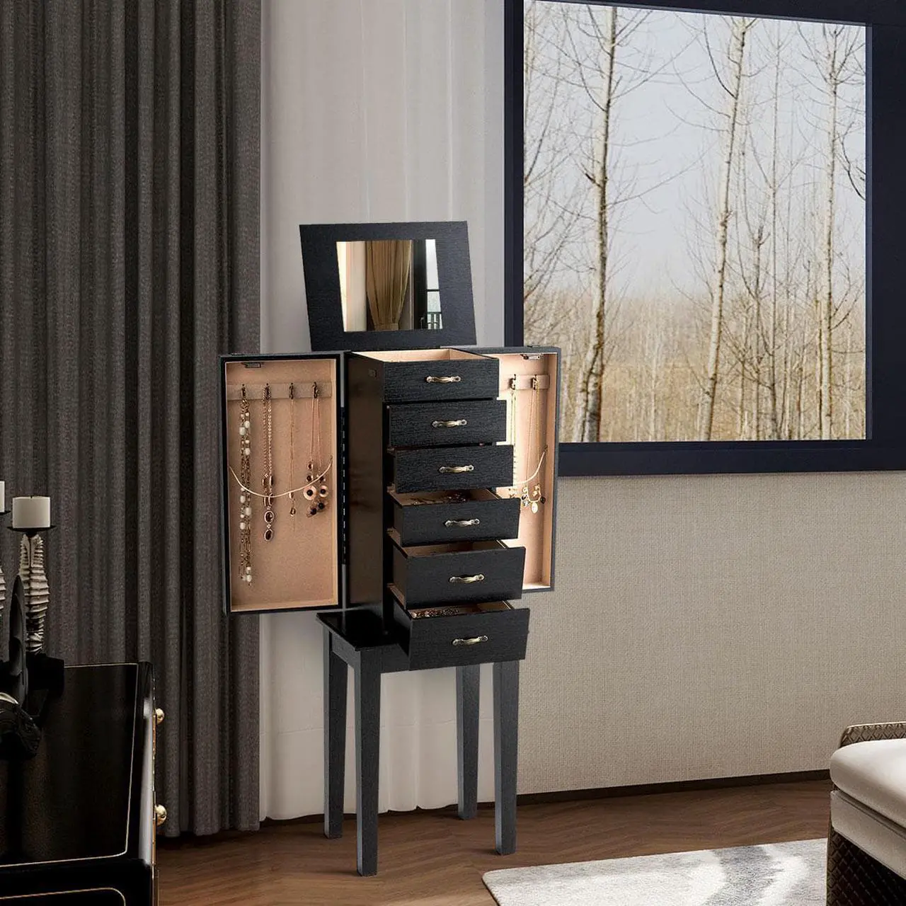 Alt view image 4 of 7 - Jewelry Armoire Chest Cabinet Stand Storage Organizer w/ 5 Drawers & Flip Mirror