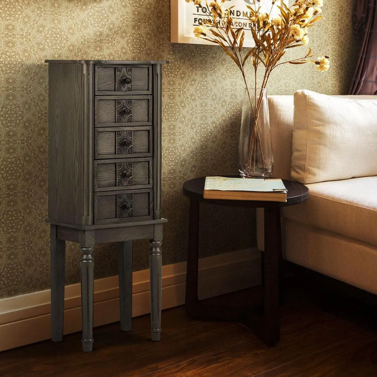 Alt view image 4 of 7 - Vintage Jewelry Armoire Cabinet Chest Big Storage Box Organizer w/ Drawers Gray