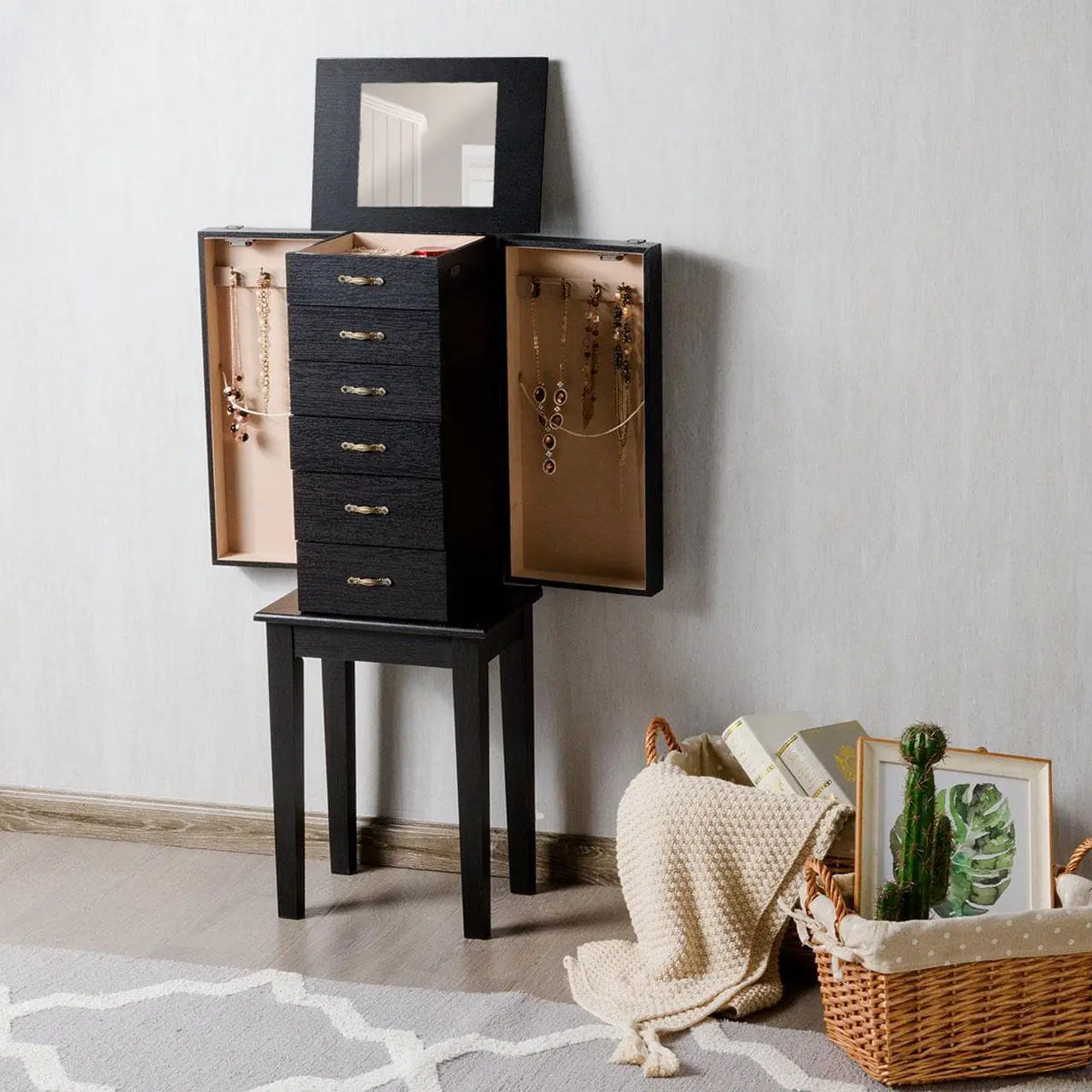 Alt view image 3 of 7 - Jewelry Armoire Chest Cabinet Stand Storage Organizer w/ 5 Drawers & Flip Mirror