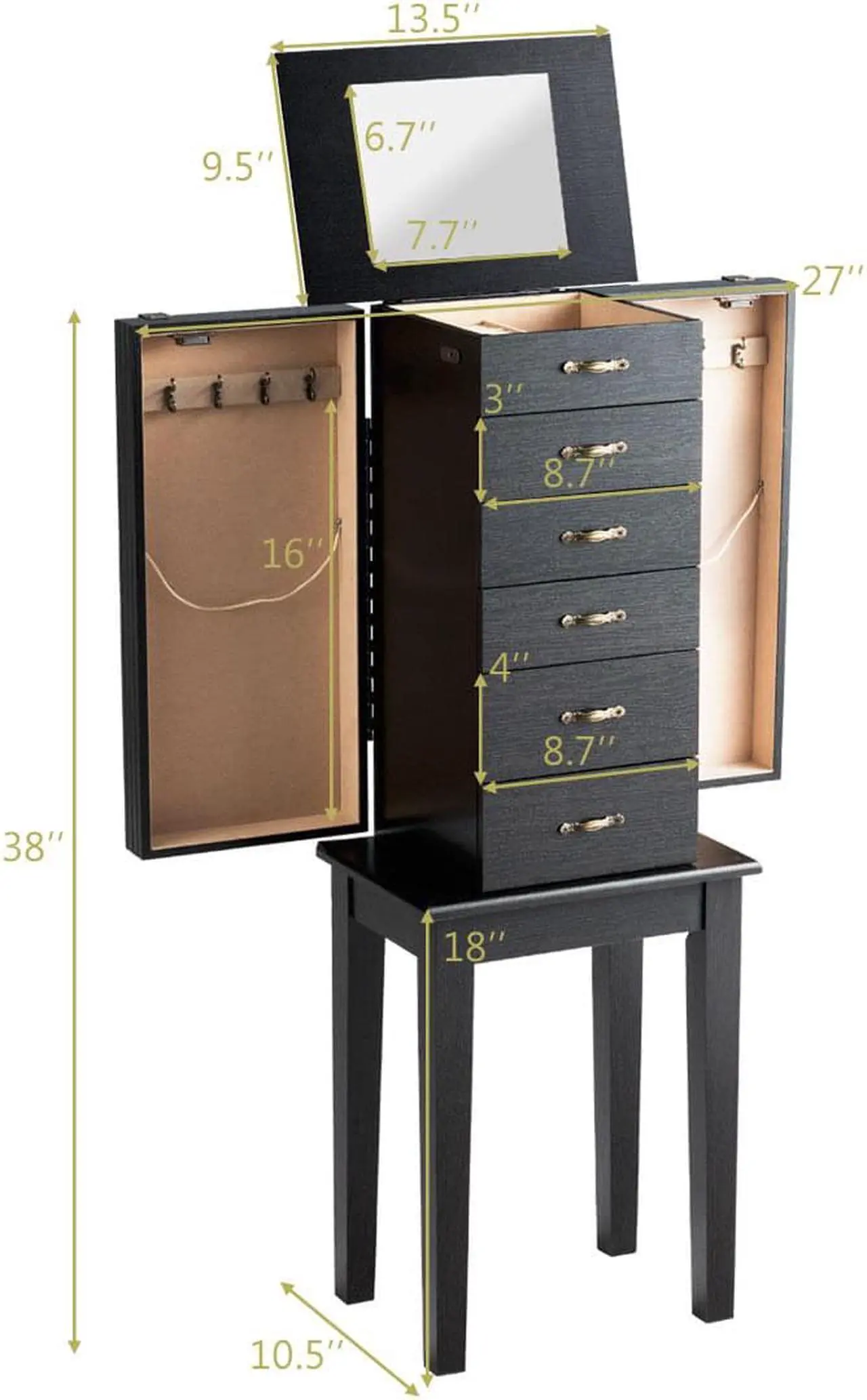 Alt view image 2 of 7 - Jewelry Armoire Chest Cabinet Stand Storage Organizer w/ 5 Drawers & Flip Mirror