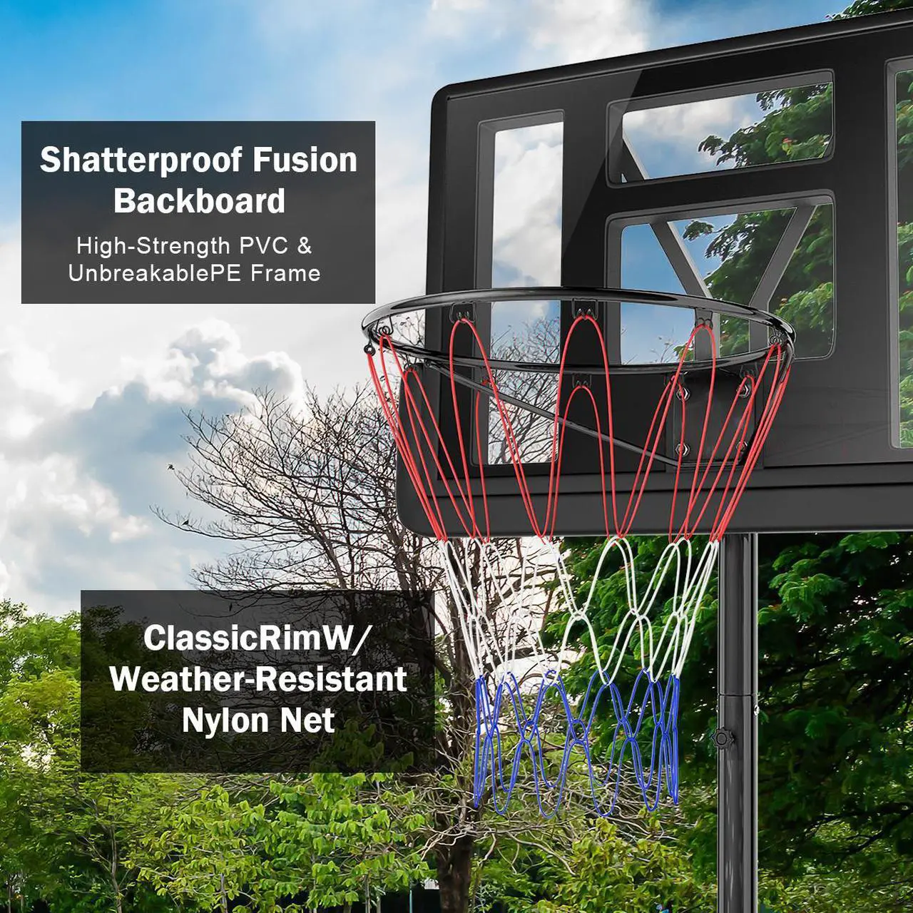 Alt view image 7 of 7 - Height Adjustable Portable Basketball Hoop System Shatterproof Backboard Wheels  2 Nets