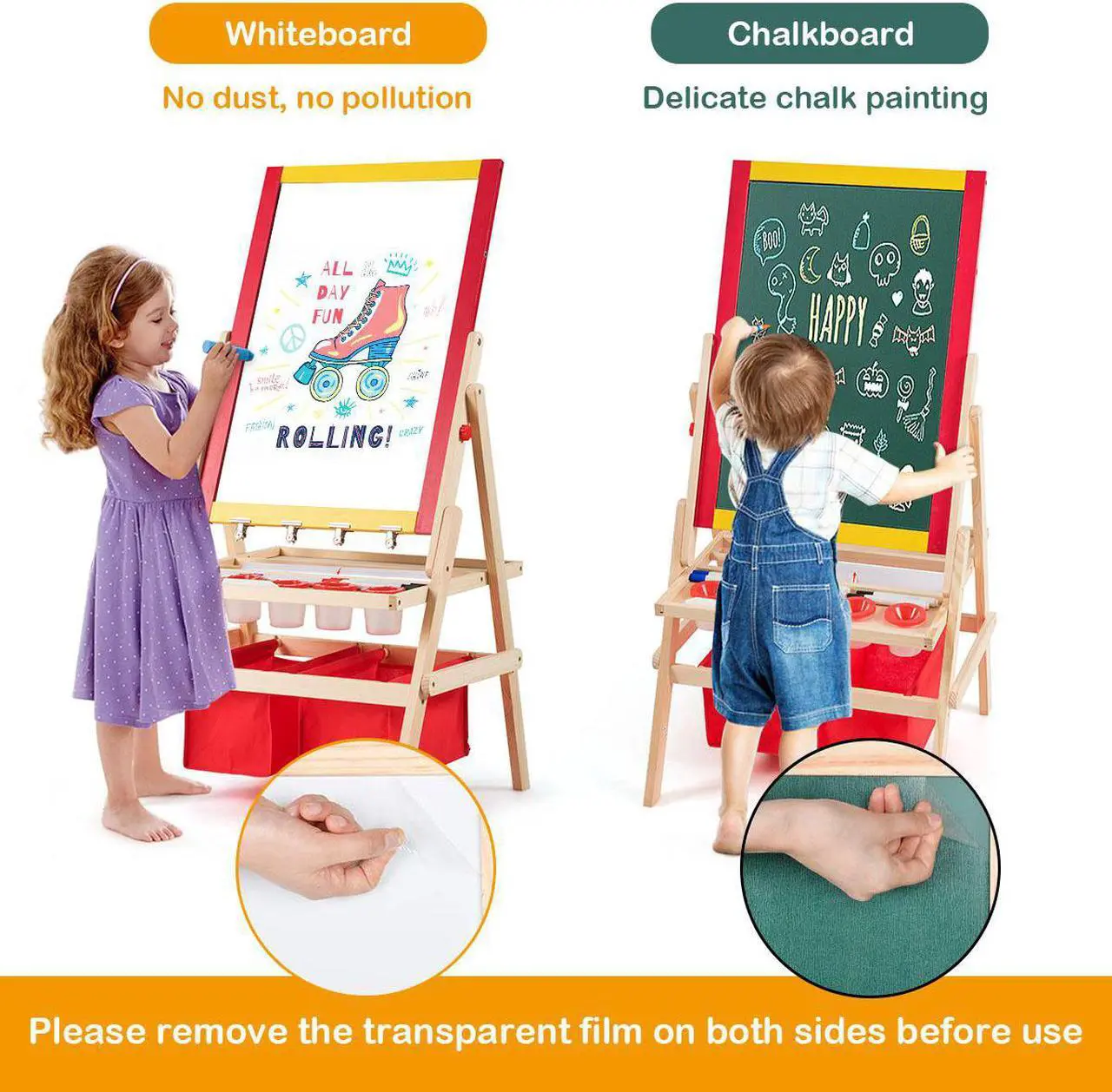 Alt view image 6 of 7 - Costway Flip-Over Double-Sided Kids Art Easel Paper Roll Storage Bins