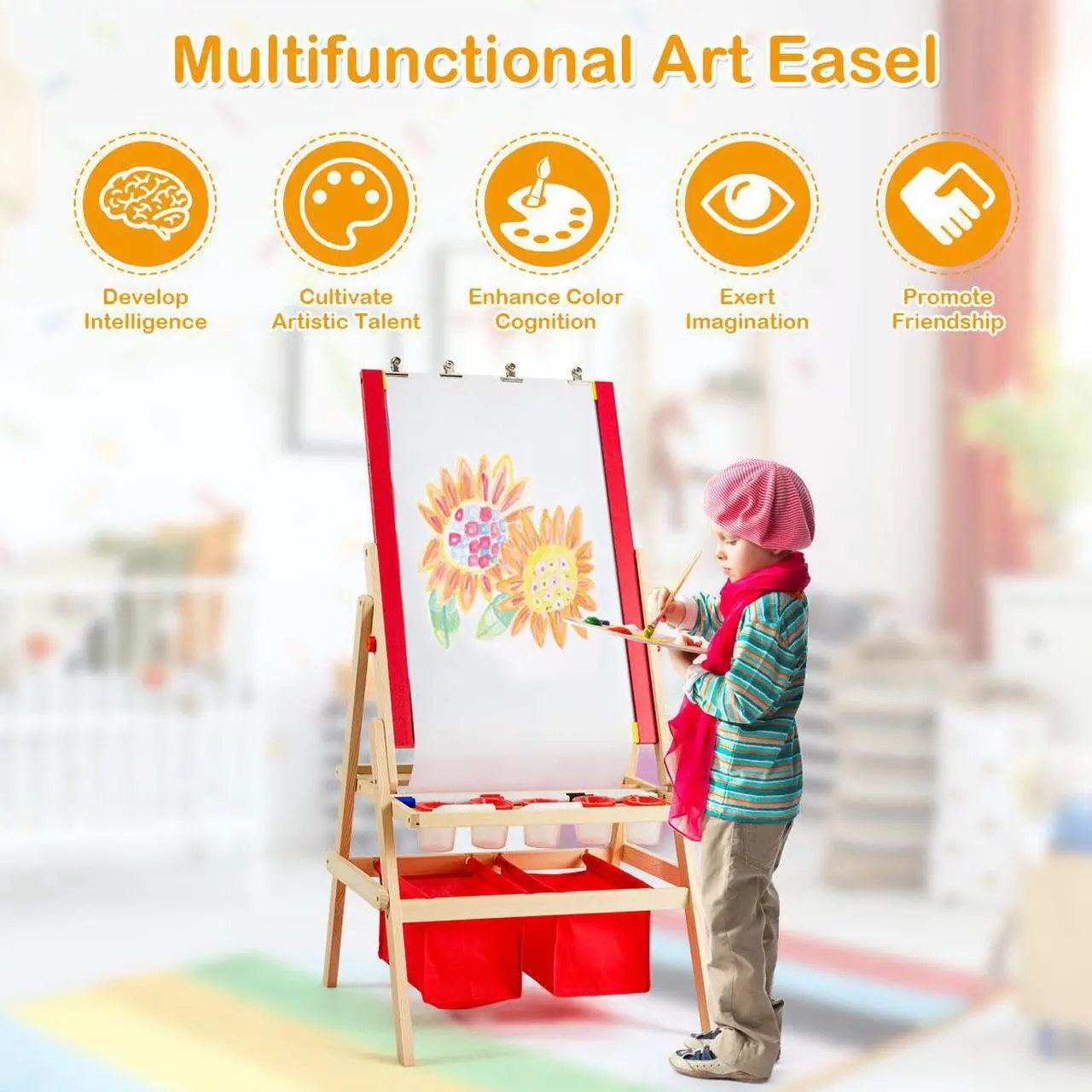 Alt view image 5 of 7 - Costway Flip-Over Double-Sided Kids Art Easel Paper Roll Storage Bins