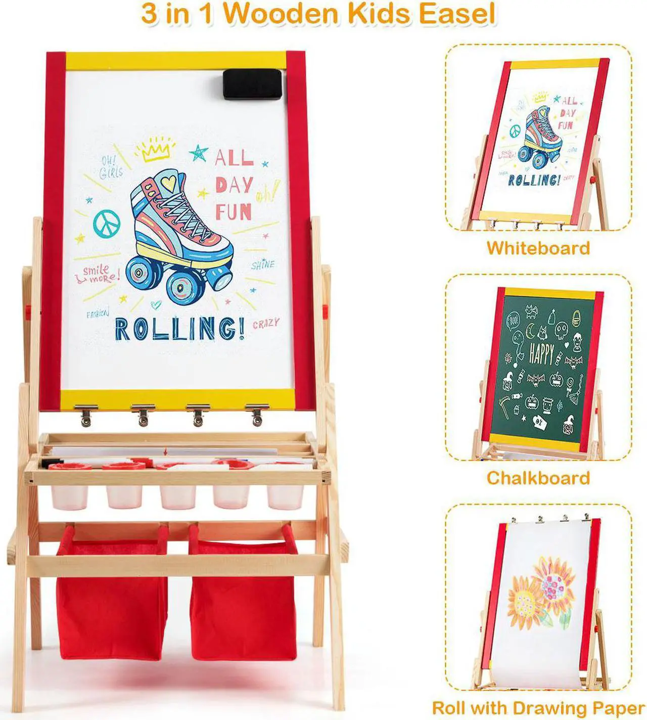 Alt view image 7 of 7 - Costway Flip-Over Double-Sided Kids Art Easel Paper Roll Storage Bins