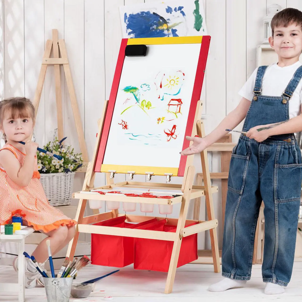 Alt view image 3 of 7 - Costway Flip-Over Double-Sided Kids Art Easel Paper Roll Storage Bins