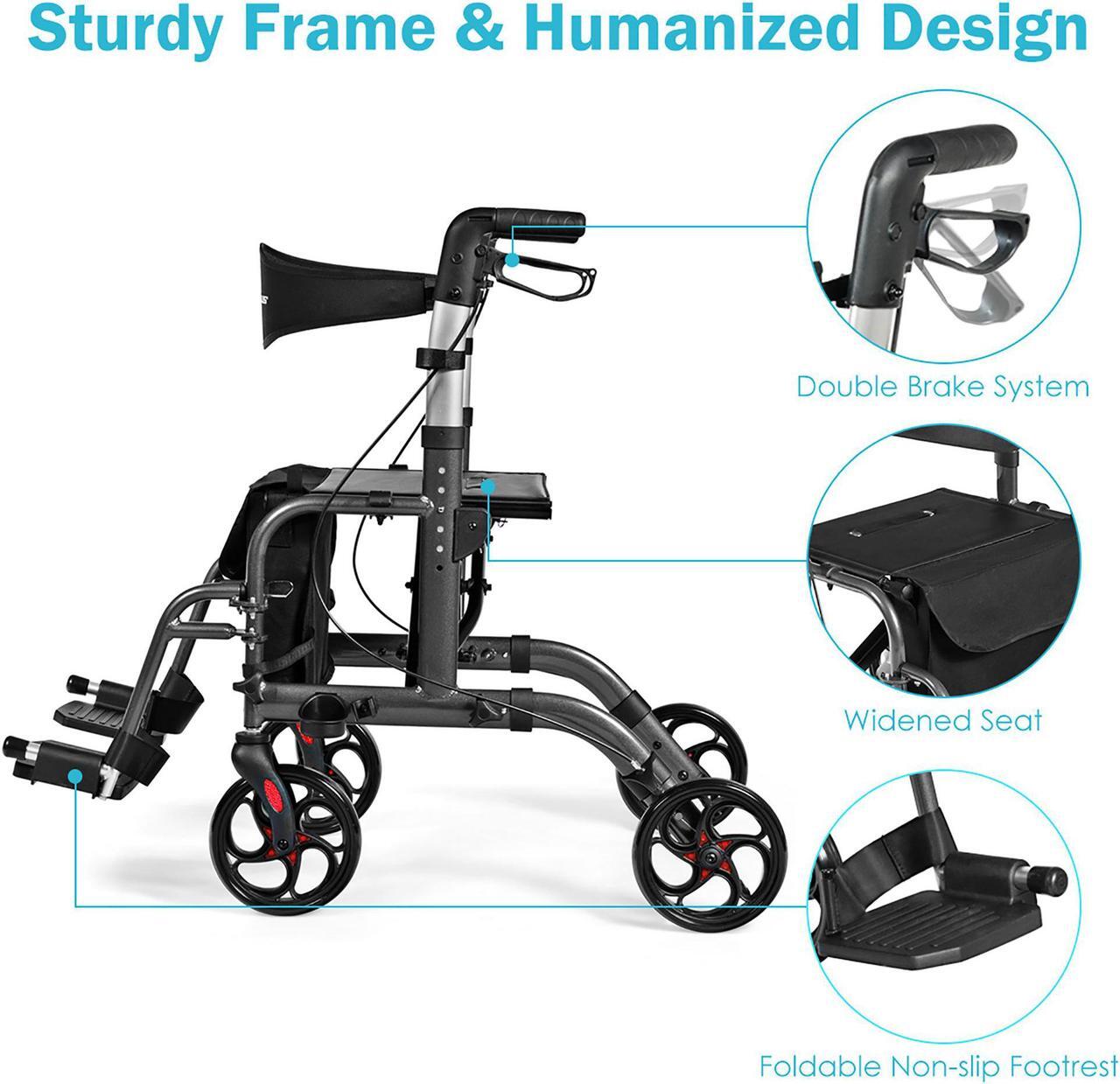 Alt view image 7 of 7 - Goplus Folding Medical Rollator Walker Aluminum Transport Chair Adjustable Handle Black