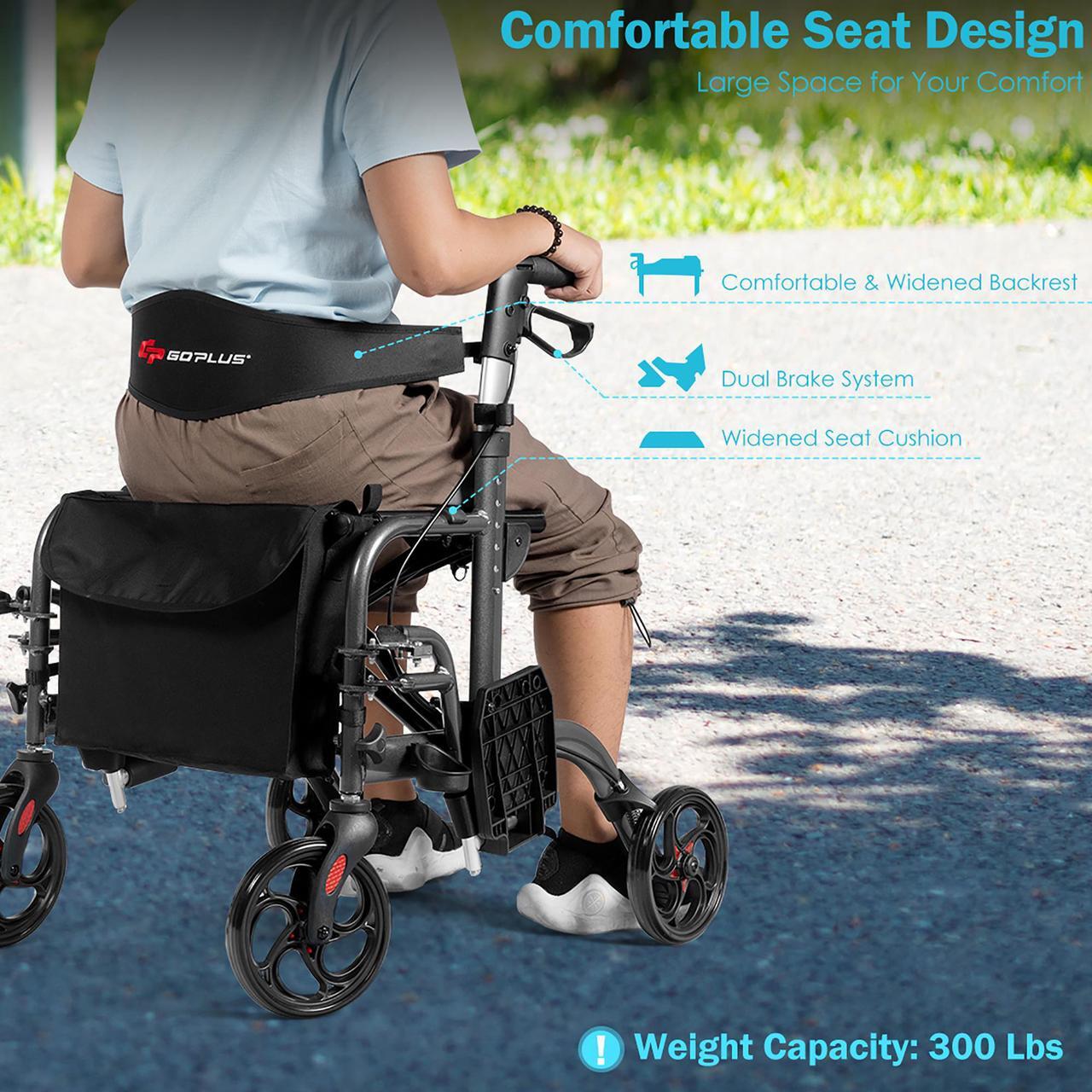 Alt view image 5 of 7 - Goplus Folding Medical Rollator Walker Aluminum Transport Chair Adjustable Handle Black