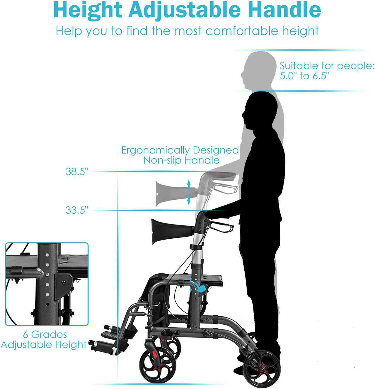 Alt view image 4 of 7 - Goplus Folding Medical Rollator Walker Aluminum Transport Chair Adjustable Handle Black