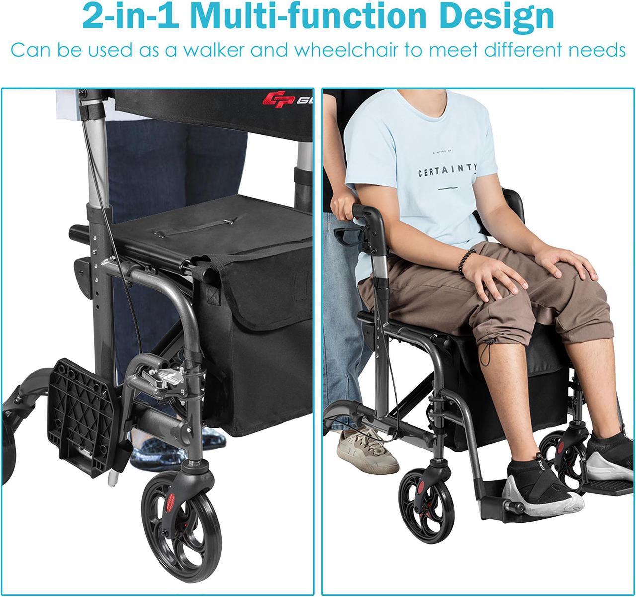 Alt view image 6 of 7 - Goplus Folding Medical Rollator Walker Aluminum Transport Chair Adjustable Handle Black