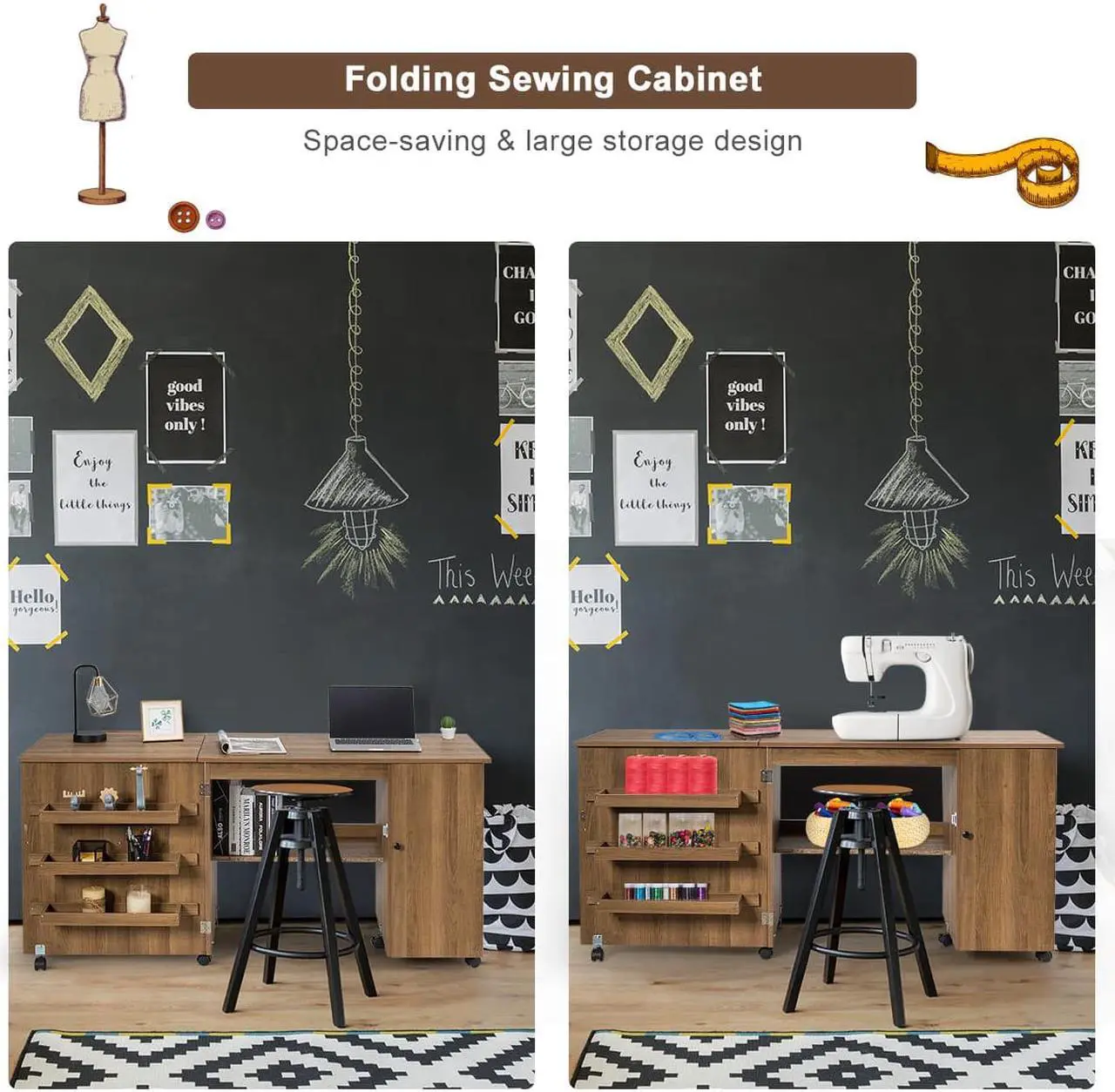 Alt view image 5 of 7 - Costway Folding Sewing Table Shelves Storage Cabinet Craft Cart W/Wheels Large Natural
