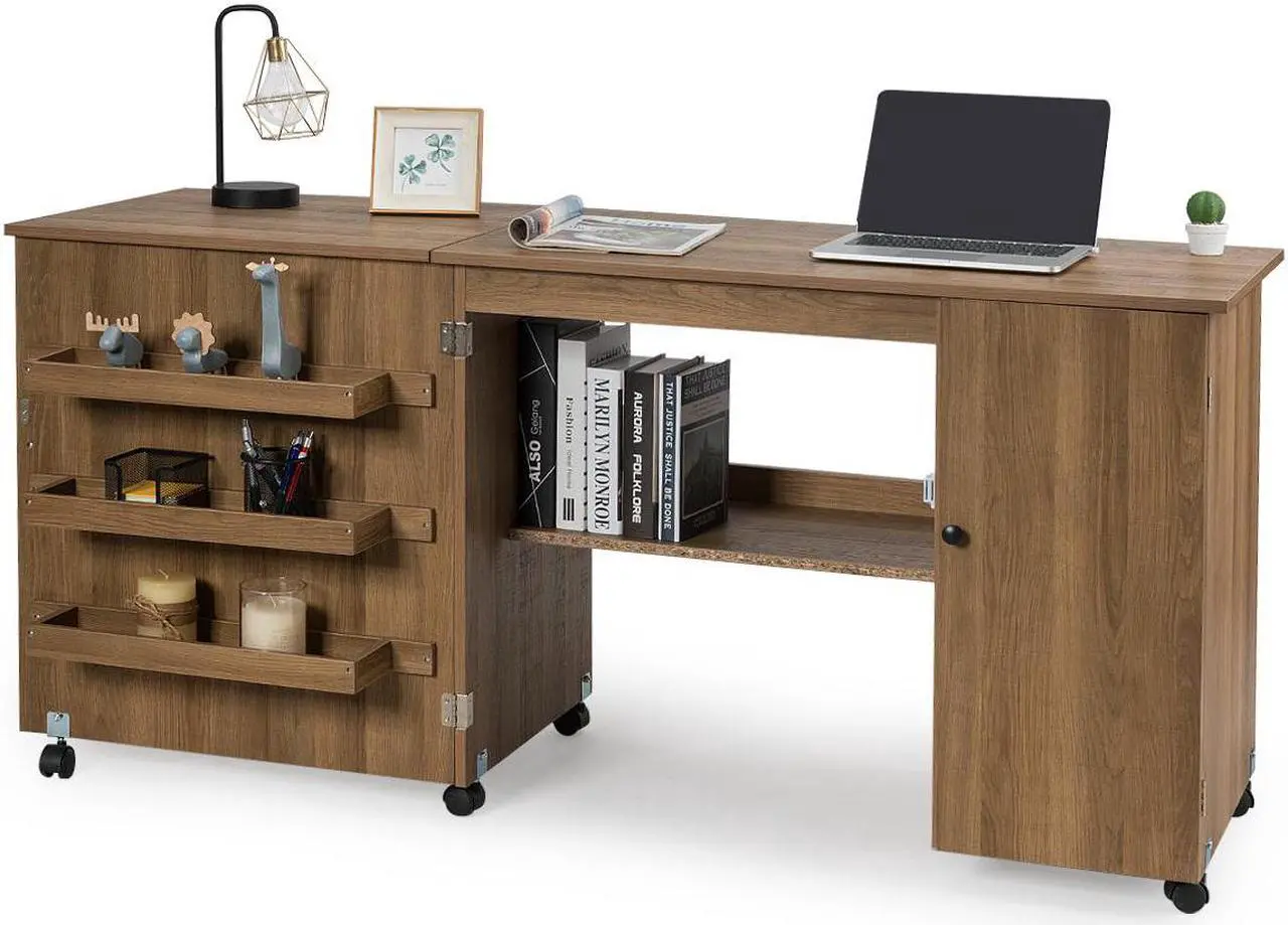 Main image of Costway Folding Sewing Table Shelves Storage Cabinet Craft Cart W/Wheels Large Natural