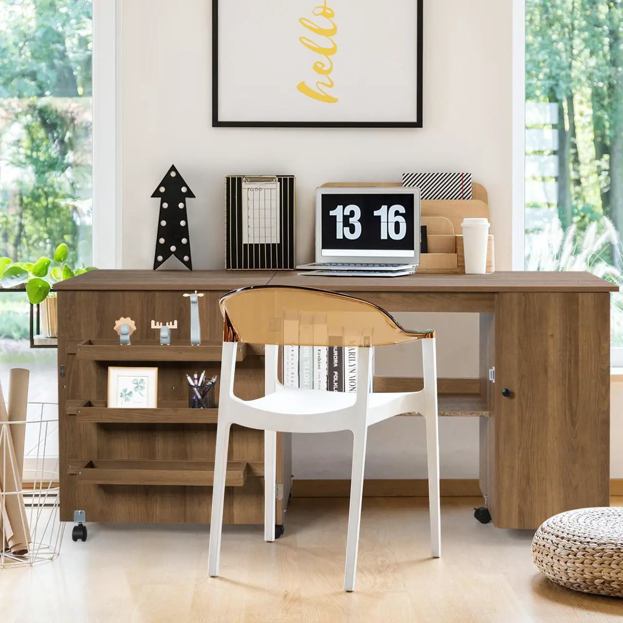 Alt view image 4 of 7 - Costway Folding Sewing Table Shelves Storage Cabinet Craft Cart W/Wheels Large Natural