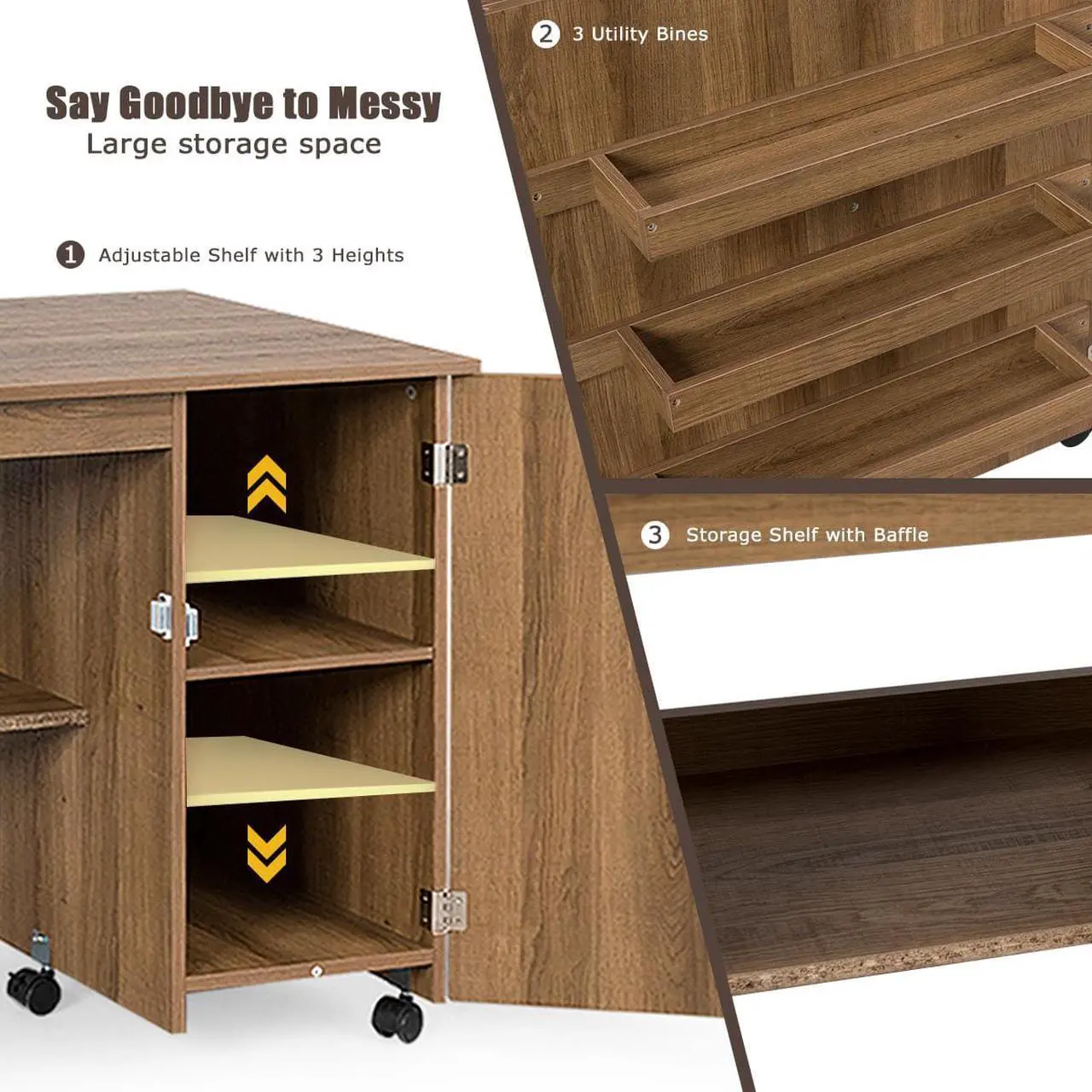 Alt view image 6 of 7 - Costway Folding Sewing Table Shelves Storage Cabinet Craft Cart W/Wheels Large Natural