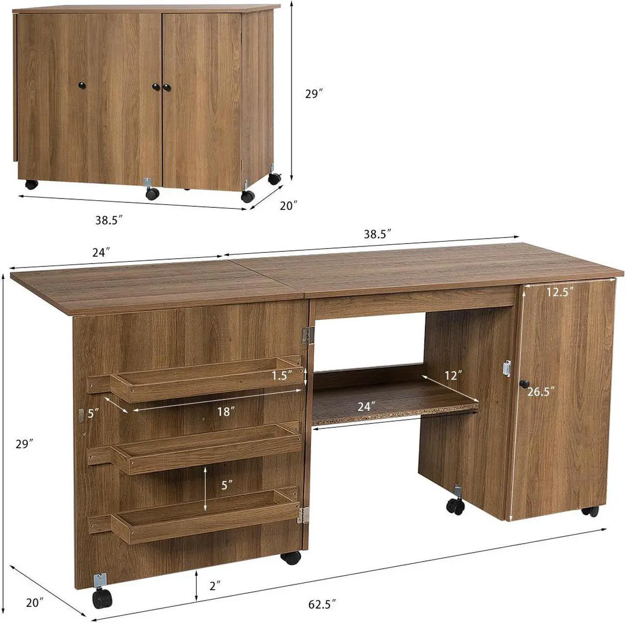 Alt view image 3 of 7 - Costway Folding Sewing Table Shelves Storage Cabinet Craft Cart W/Wheels Large Natural