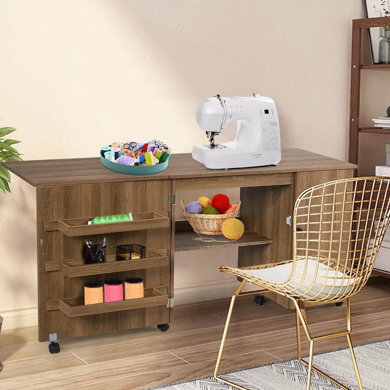Alt view image 2 of 7 - Costway Folding Sewing Table Shelves Storage Cabinet Craft Cart W/Wheels Large Natural