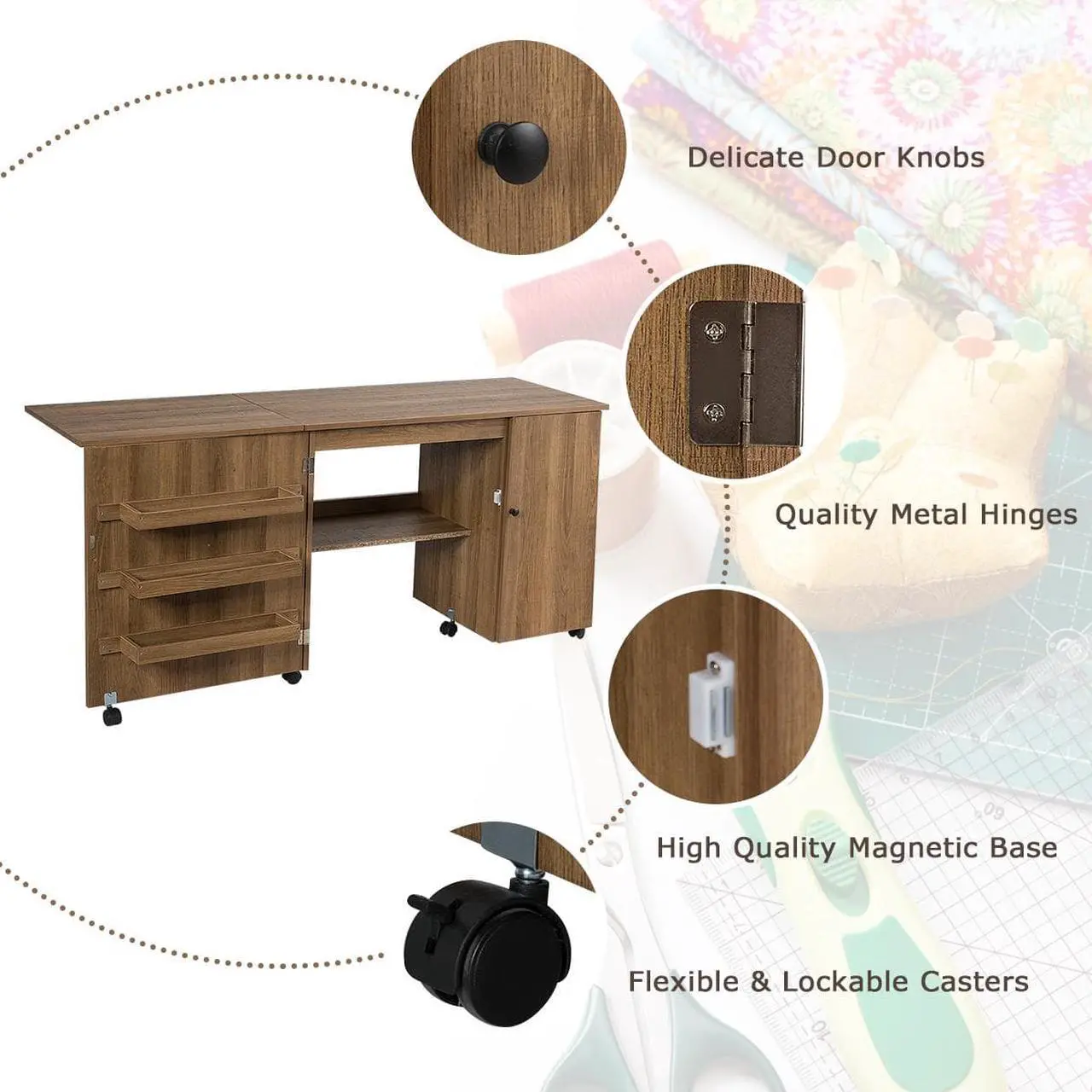 Alt view image 7 of 7 - Costway Folding Sewing Table Shelves Storage Cabinet Craft Cart W/Wheels Large Natural
