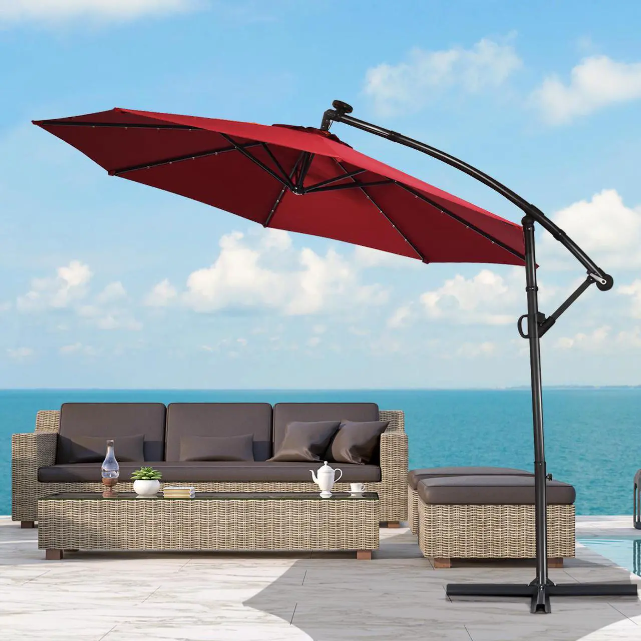 Alt view image 5 of 6 - Costway 10FT Patio Offset Umbrella Solar LED 360degrees Rotation Wine
