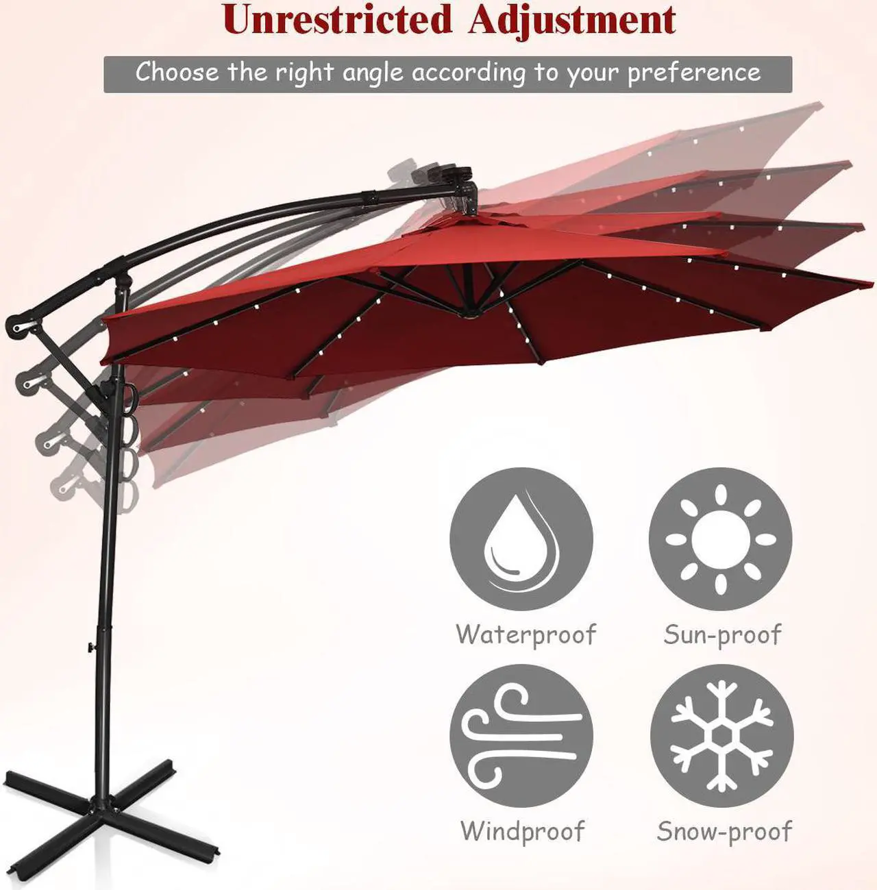Alt view image 6 of 6 - Costway 10FT Patio Offset Umbrella Solar LED 360degrees Rotation Wine
