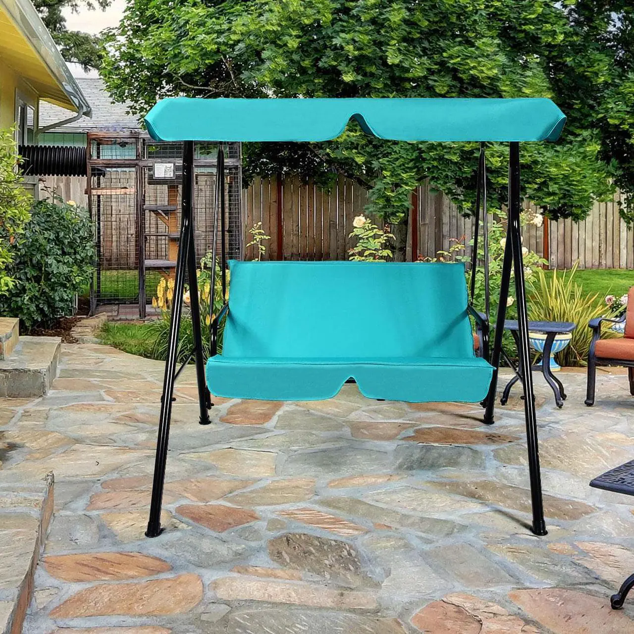 Alt view image 3 of 6 - Costway  Loveseat Patio Canopy Swing Glider Hammock Cushioned Blue