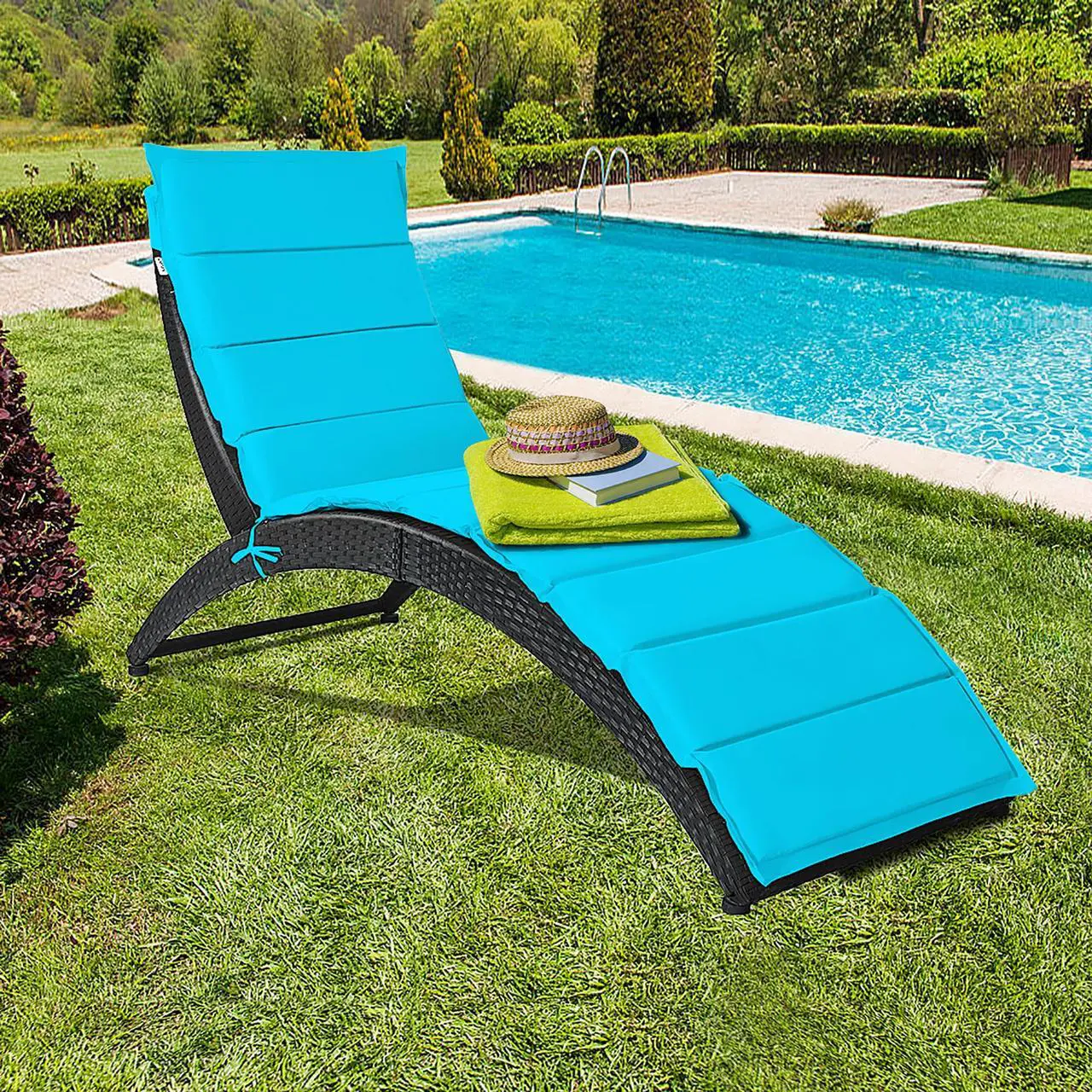 Alt view image 2 of 7 - Costway Folding Patio Rattan Lounge Chair Chaise Cushioned Portable Garden Turquoise