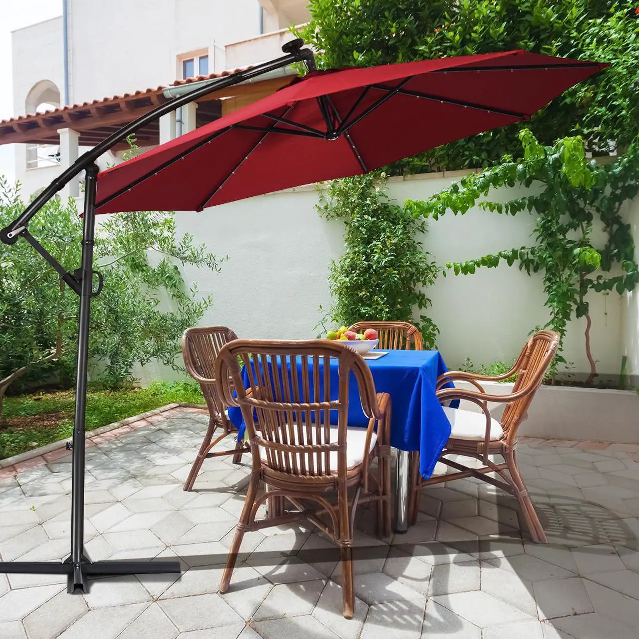 Alt view image 4 of 6 - Costway 10FT Patio Offset Umbrella Solar LED 360degrees Rotation Wine