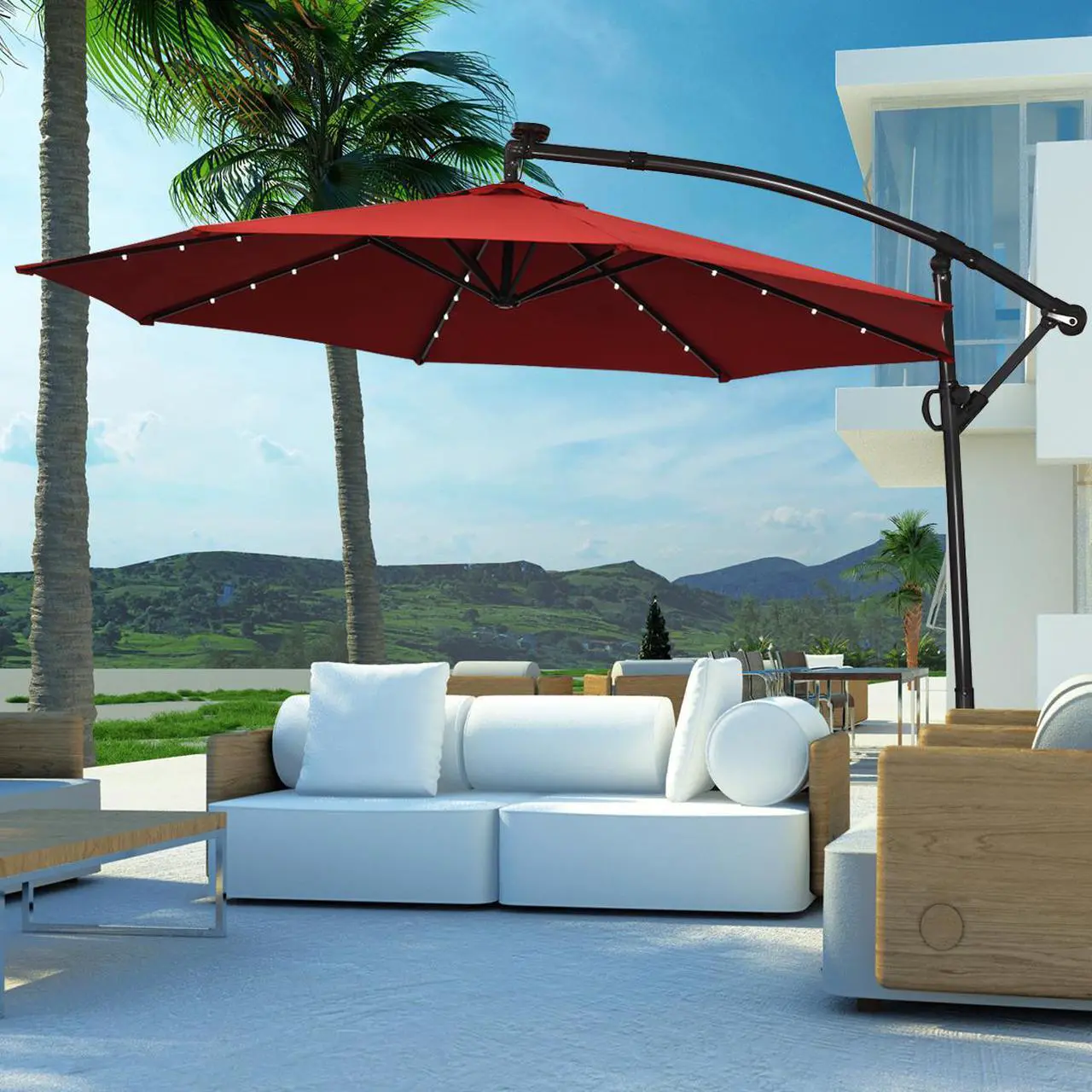 Main image of Costway 10FT Patio Offset Umbrella Solar LED 360degrees Rotation Wine