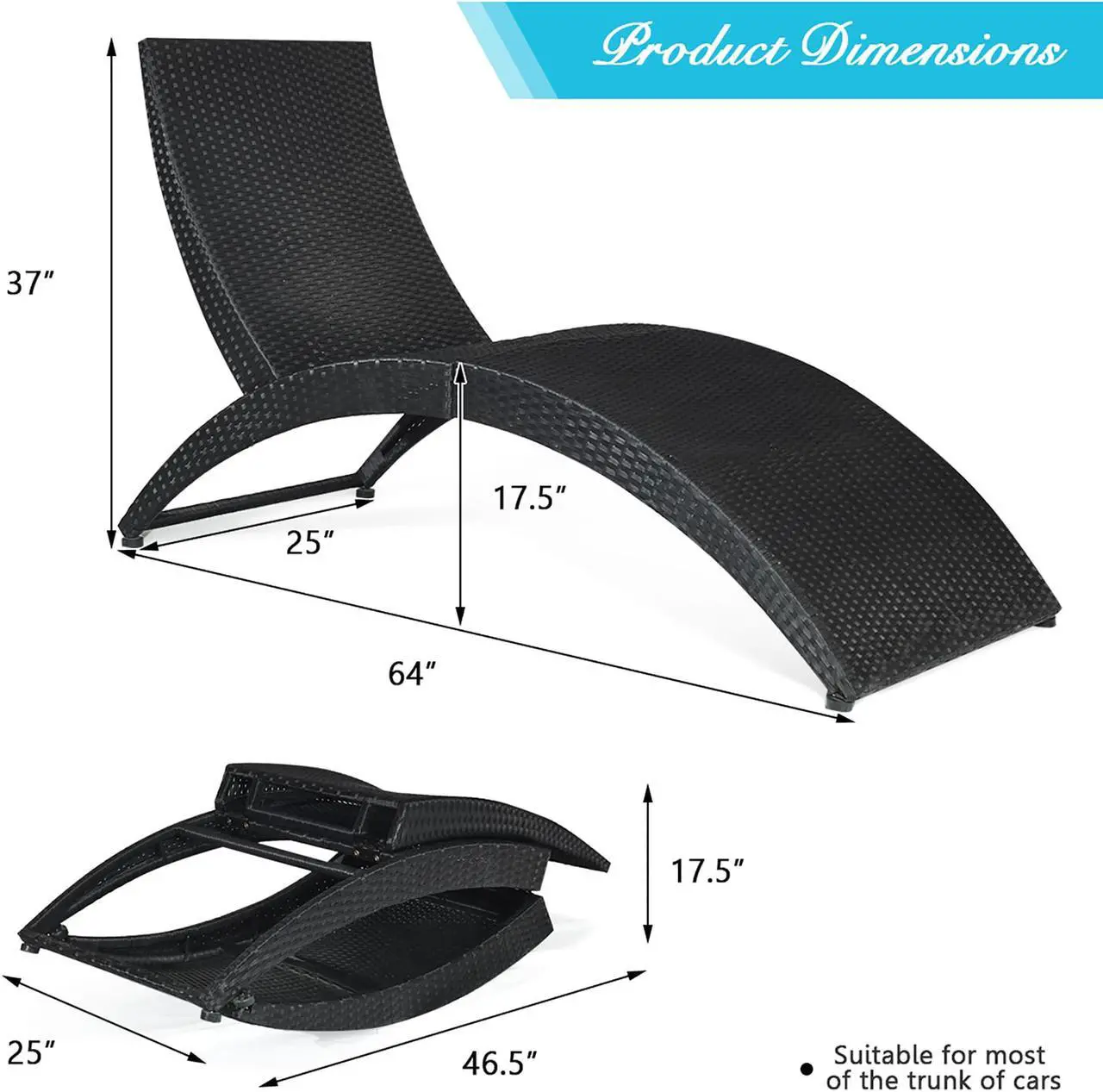 Alt view image 6 of 7 - Costway Folding Patio Rattan Lounge Chair Chaise Cushioned Portable Garden Turquoise