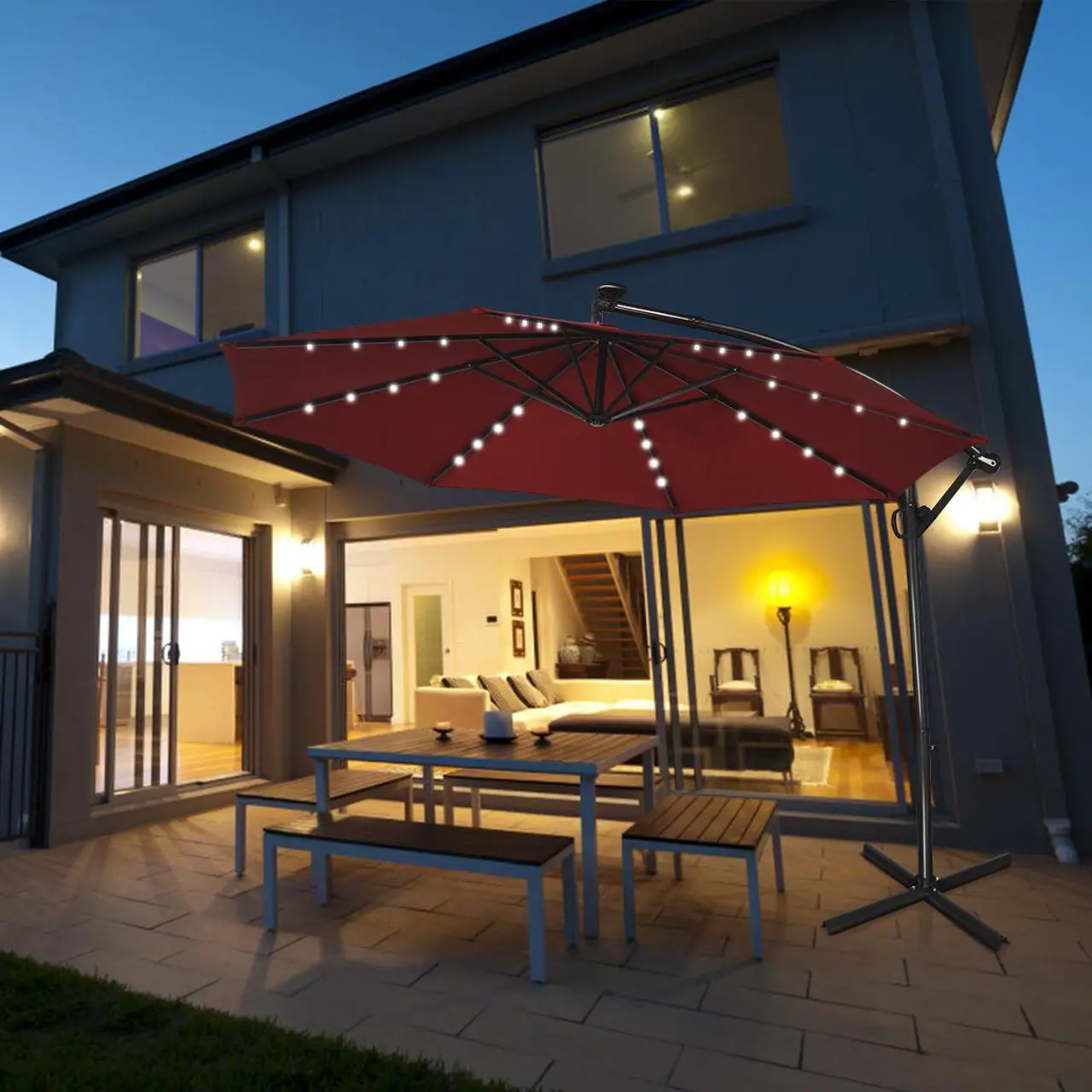 Alt view image 3 of 6 - Costway 10FT Patio Offset Umbrella Solar LED 360degrees Rotation Wine