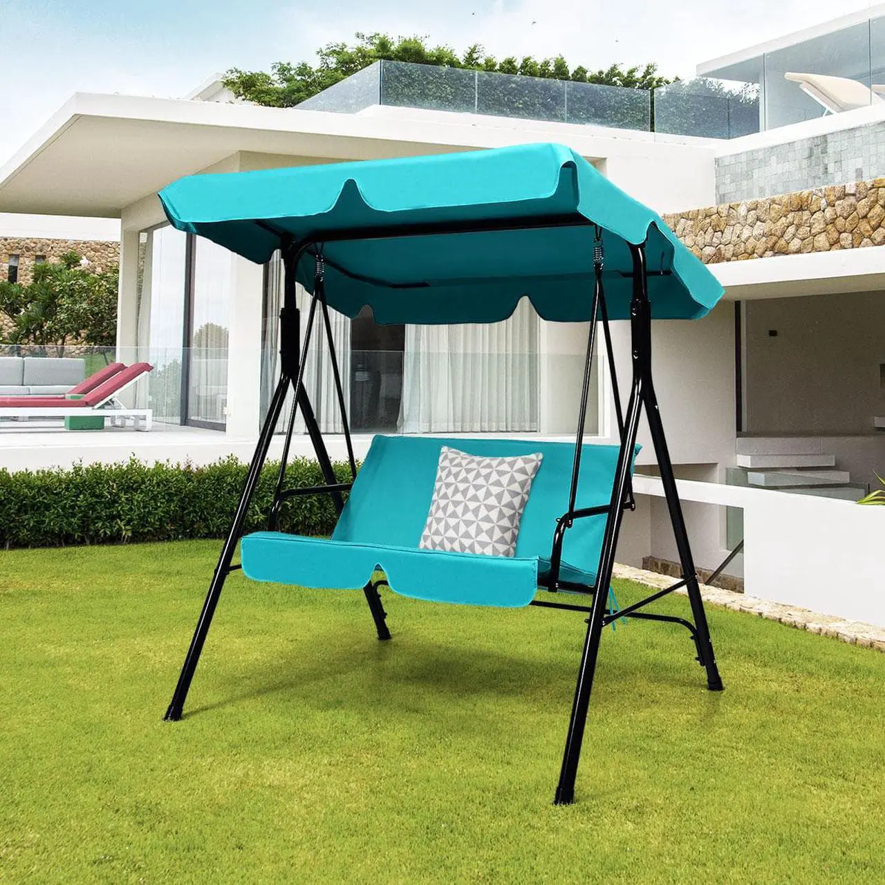 Alt view image 2 of 6 - Costway  Loveseat Patio Canopy Swing Glider Hammock Cushioned Blue