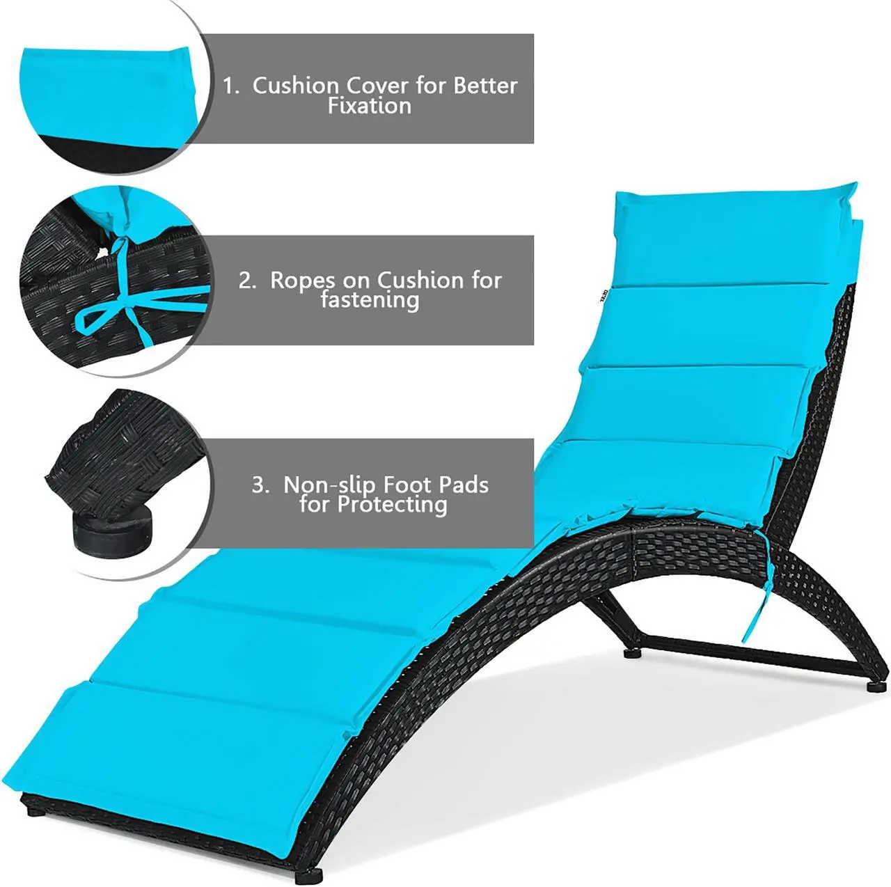 Alt view image 4 of 7 - Costway Folding Patio Rattan Lounge Chair Chaise Cushioned Portable Garden Turquoise