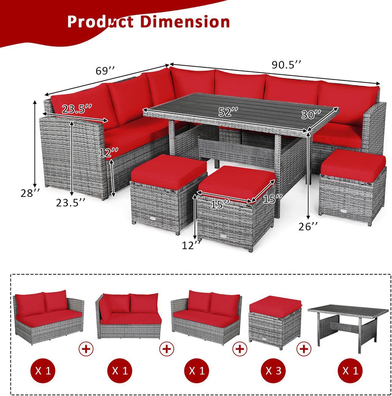 Alt view image 4 of 7 - Costway 7 PCS Patio Rattan Dining Set Sectional Sofa Couch Ottoman Garden Red