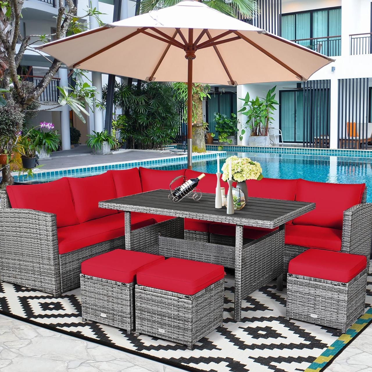Main image of Costway 7 PCS Patio Rattan Dining Set Sectional Sofa Couch Ottoman Garden Red