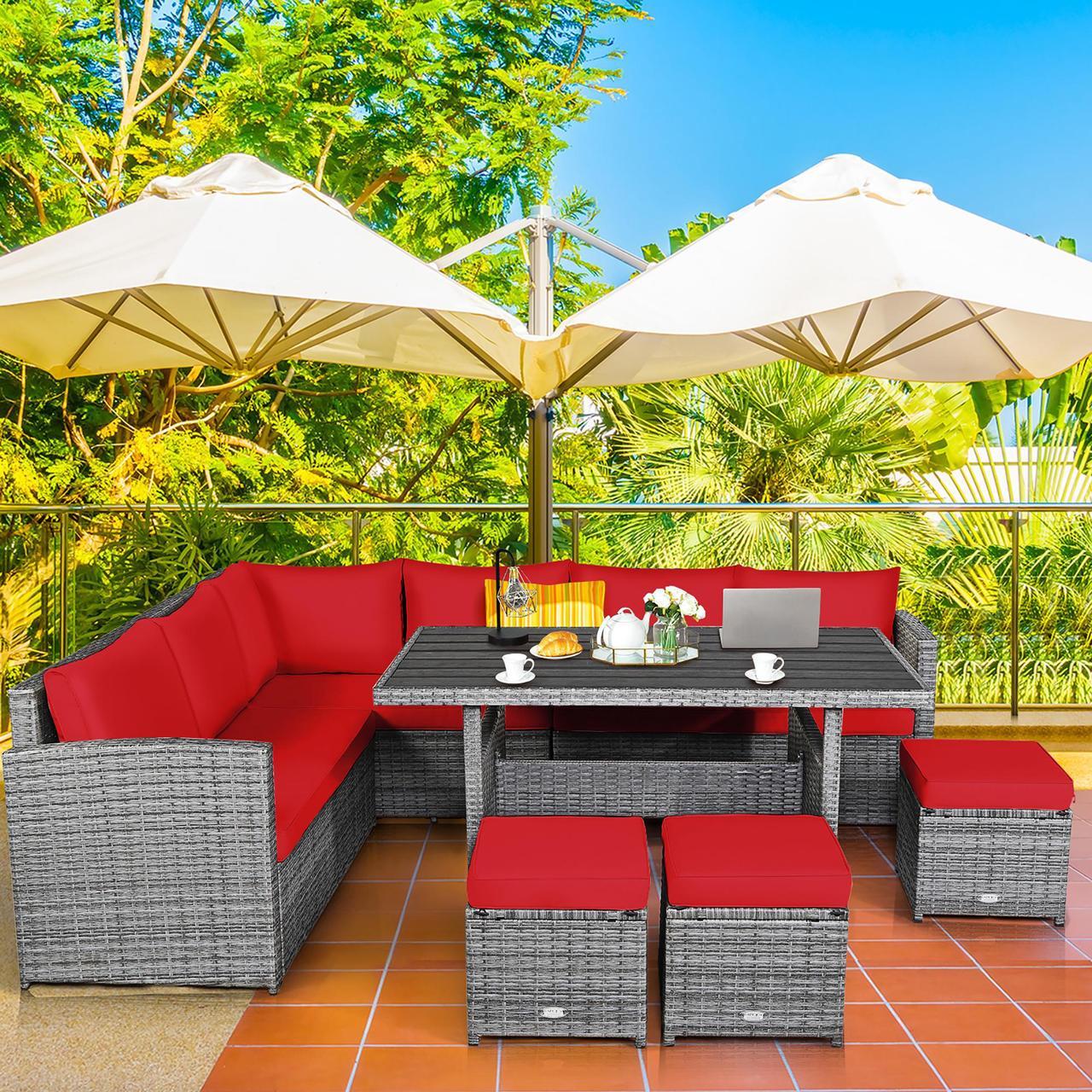 Alt view image 3 of 7 - Costway 7 PCS Patio Rattan Dining Set Sectional Sofa Couch Ottoman Garden Red