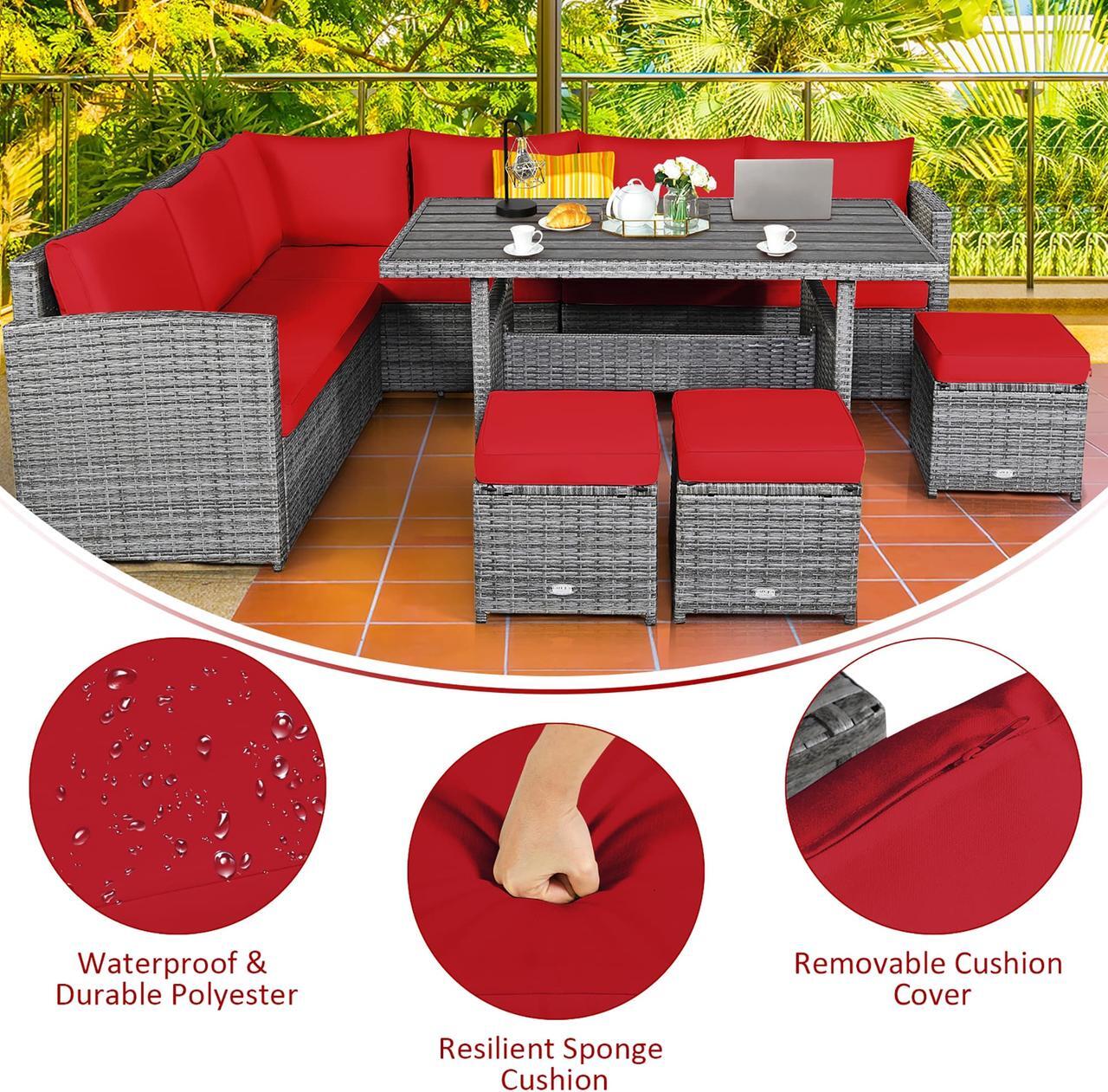 Alt view image 7 of 7 - Costway 7 PCS Patio Rattan Dining Set Sectional Sofa Couch Ottoman Garden Red