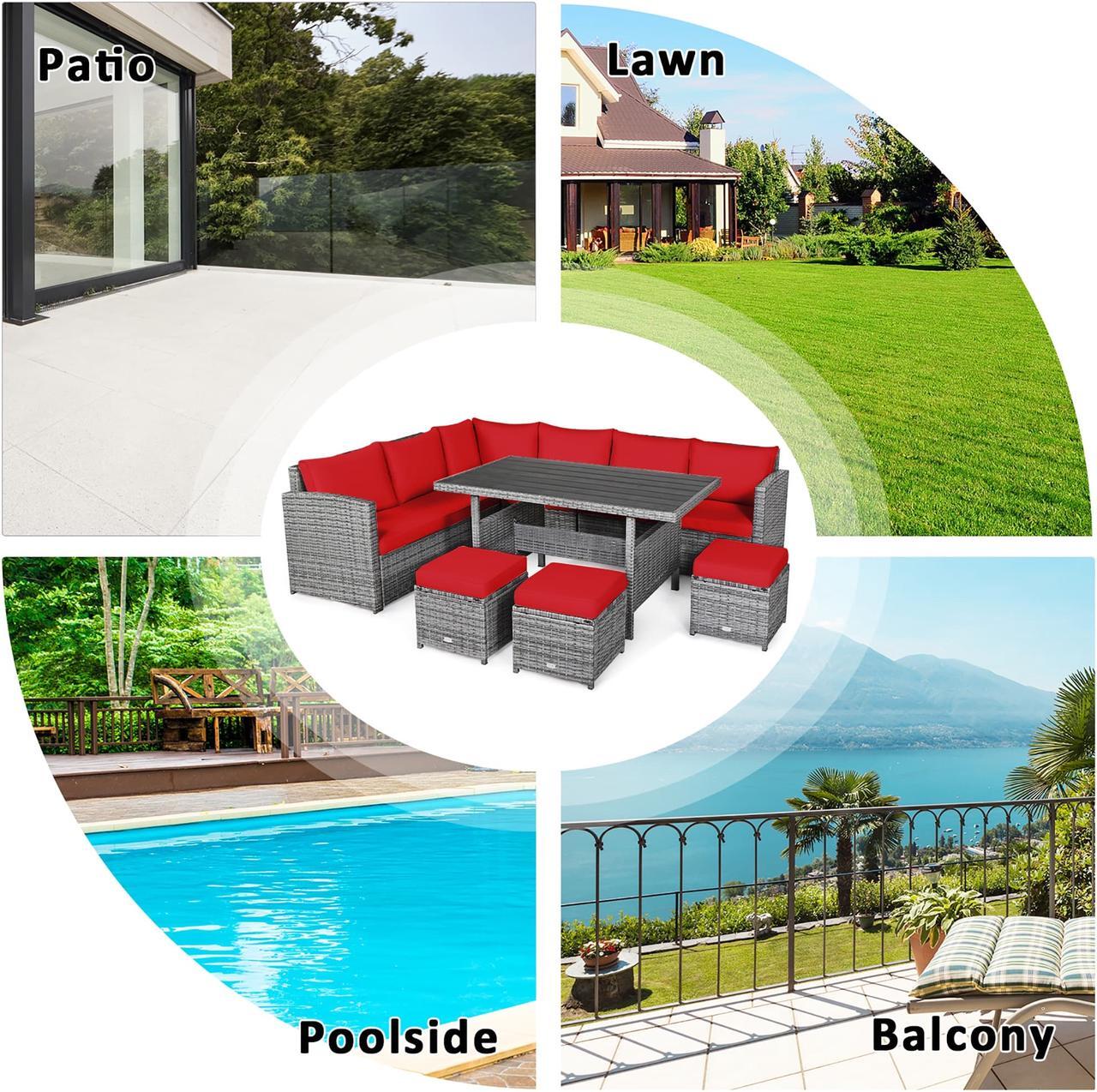 Alt view image 5 of 7 - Costway 7 PCS Patio Rattan Dining Set Sectional Sofa Couch Ottoman Garden Red
