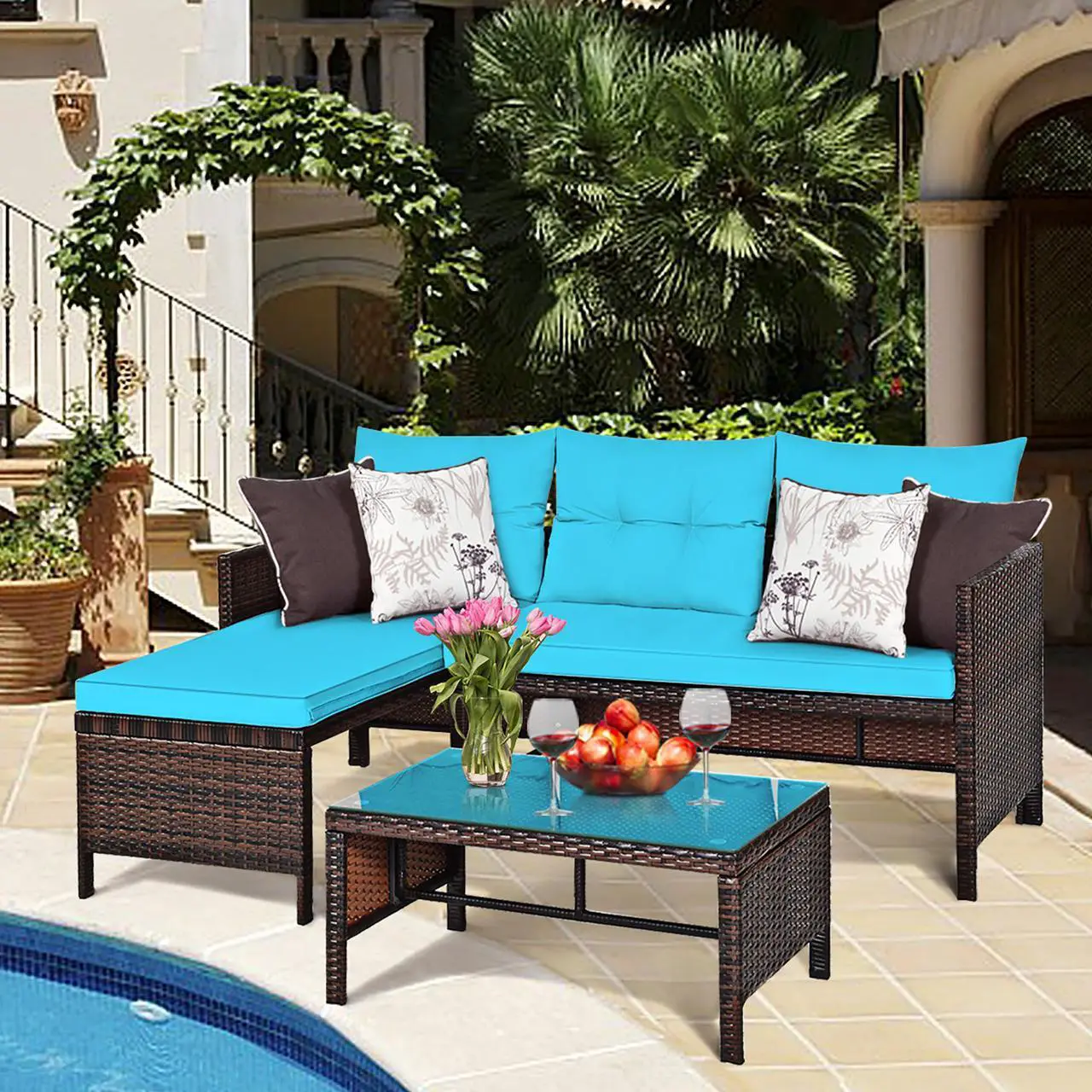 Alt view image 7 of 7 - Costway 3PCS Patio Wicker Rattan Sofa Set Outdoor Sectional Conversation Set Turquoise