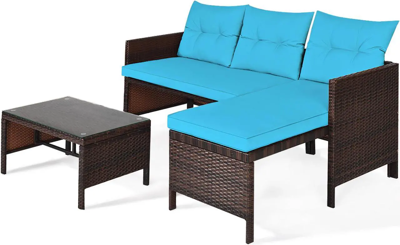 Alt view image 3 of 7 - Costway 3PCS Patio Wicker Rattan Sofa Set Outdoor Sectional Conversation Set Turquoise