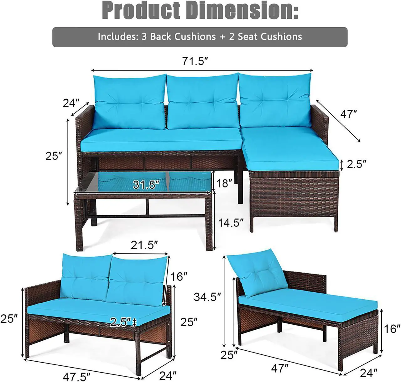 Alt view image 6 of 7 - Costway 3PCS Patio Wicker Rattan Sofa Set Outdoor Sectional Conversation Set Turquoise