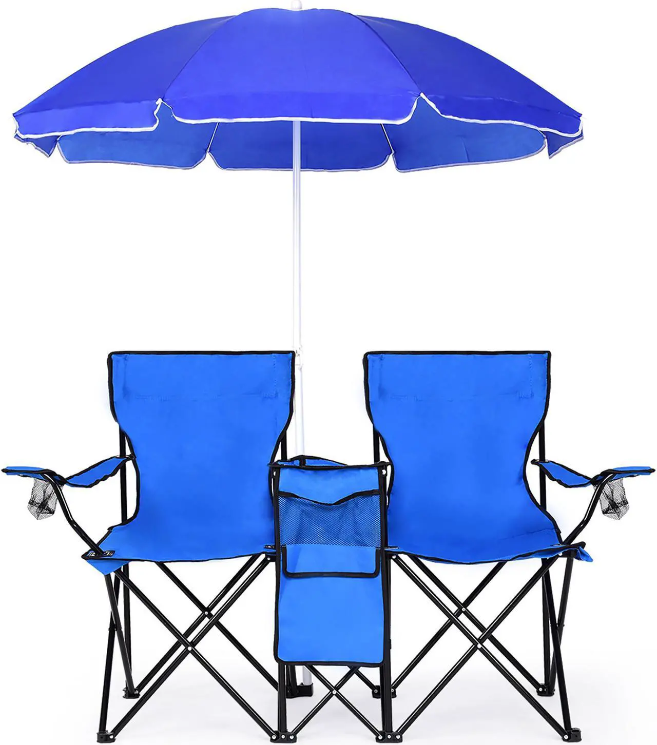 Alt view image 3 of 7 - Costway Portable Folding Picnic Double Chair W/Umbrella Table Cooler Beach Camping Chair