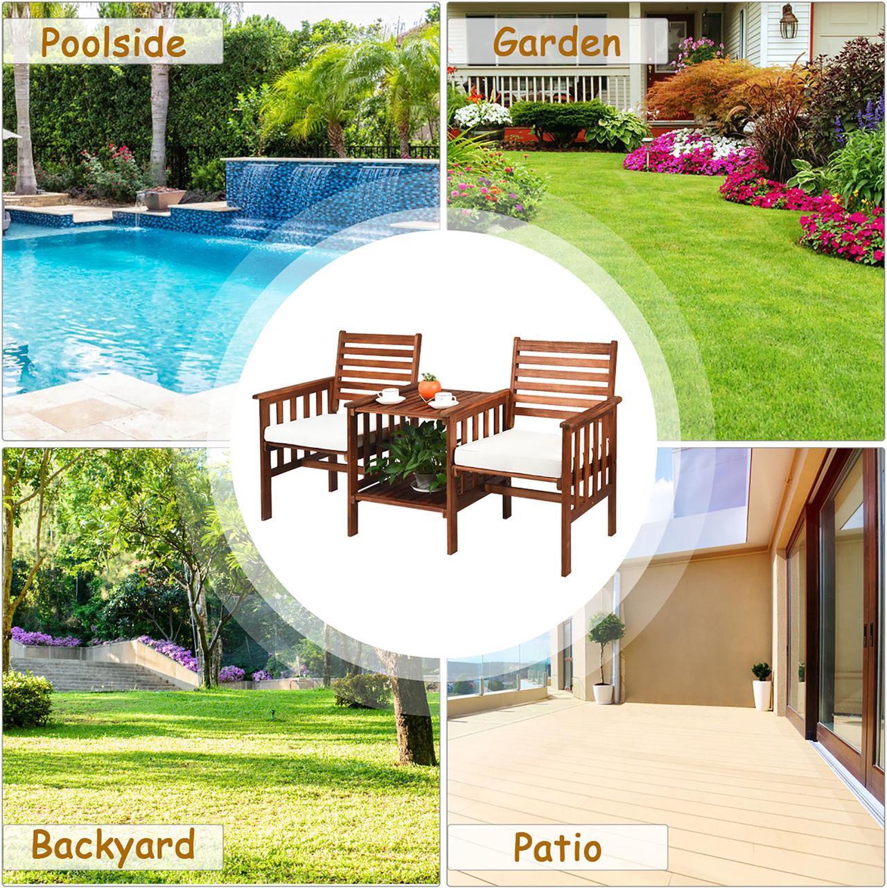 Alt view image 5 of 7 - Costway Patio Loveseat Conversation Set Acacia Wood Chair Coffee Table Cushioned White