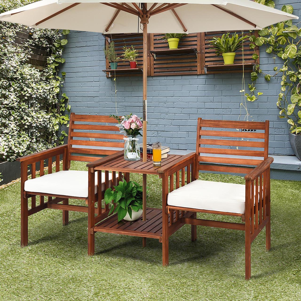 Alt view image 2 of 7 - Costway Patio Loveseat Conversation Set Acacia Wood Chair Coffee Table Cushioned White