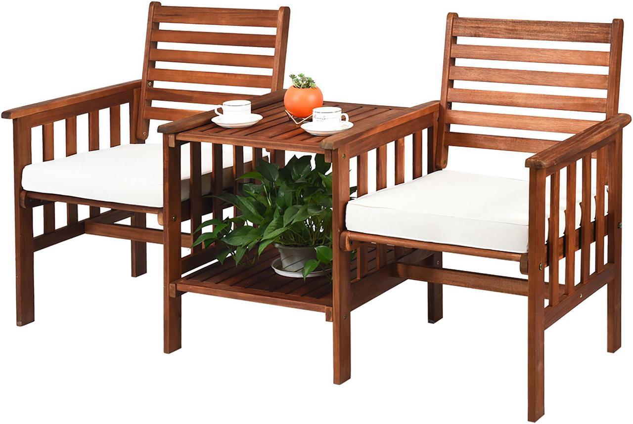 Alt view image 3 of 7 - Costway Patio Loveseat Conversation Set Acacia Wood Chair Coffee Table Cushioned White