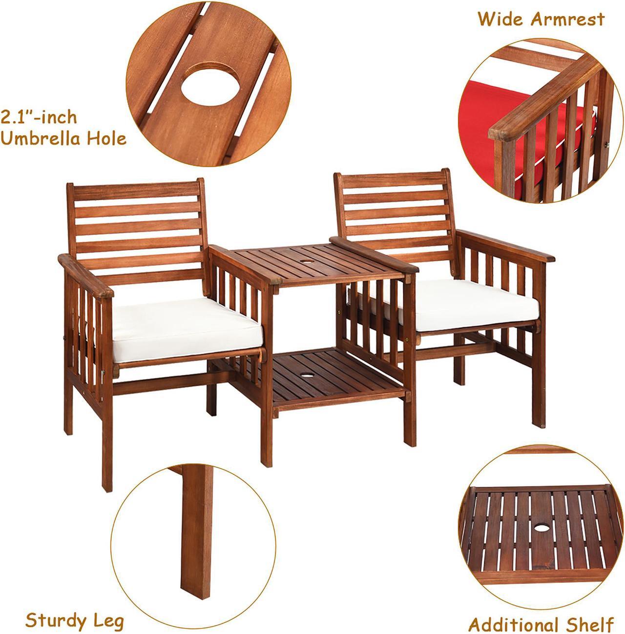 Alt view image 7 of 7 - Costway Patio Loveseat Conversation Set Acacia Wood Chair Coffee Table Cushioned White