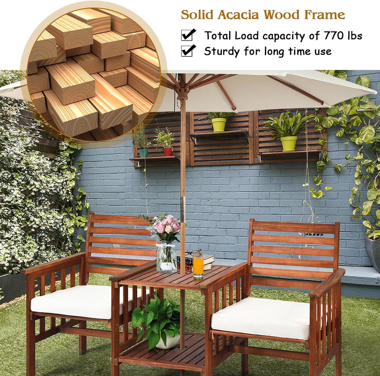 Alt view image 6 of 7 - Costway Patio Loveseat Conversation Set Acacia Wood Chair Coffee Table Cushioned White