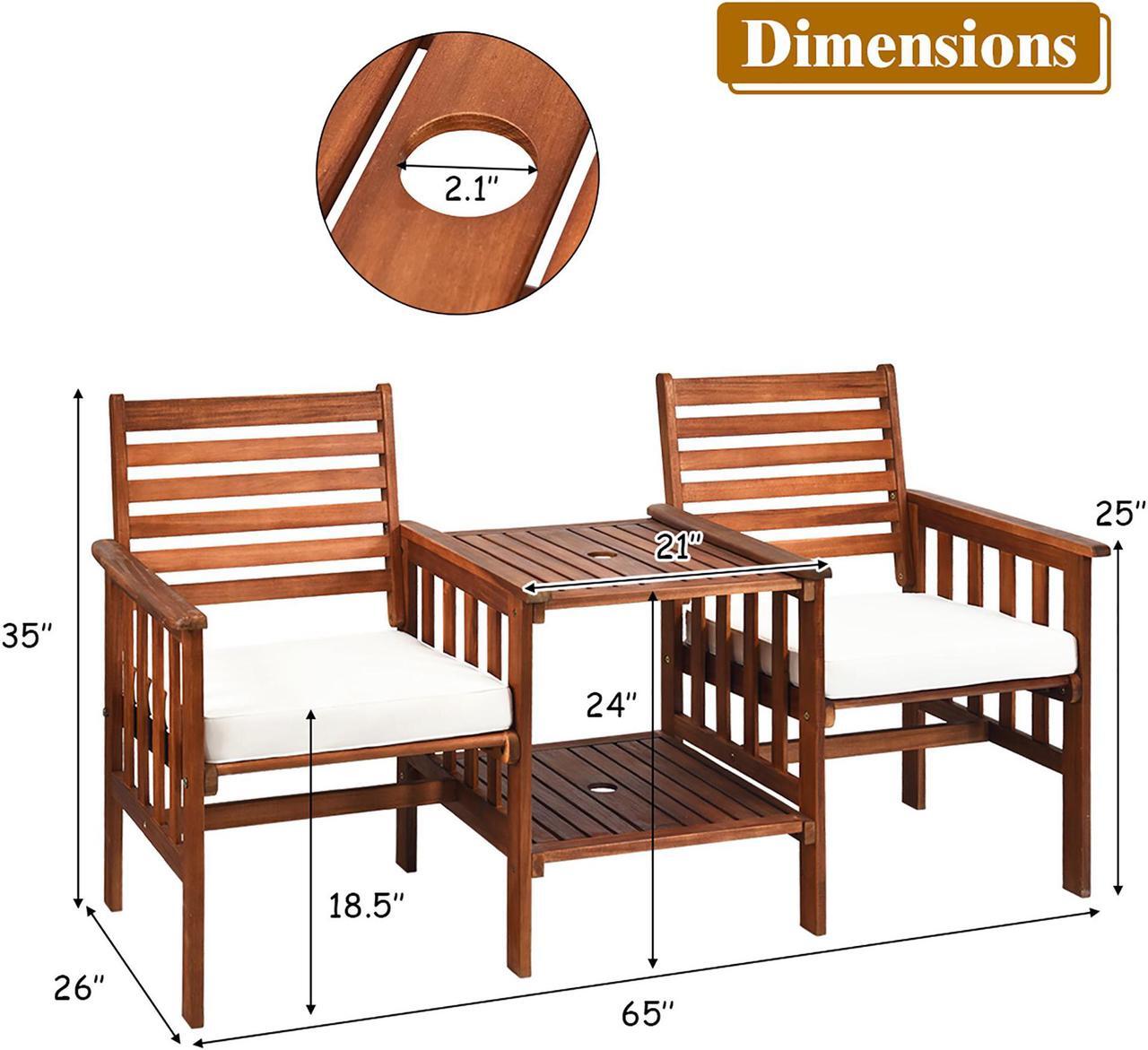 Alt view image 4 of 7 - Costway Patio Loveseat Conversation Set Acacia Wood Chair Coffee Table Cushioned White